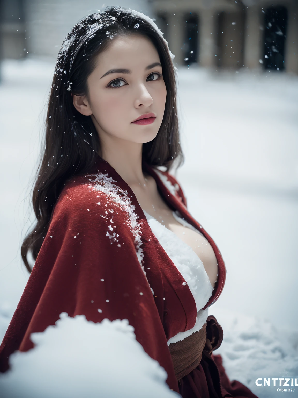 Kizi,Old European-style castle,Squat and sit,Bare legs,((outside,Actual heavy snowfall,cloaks,Cover with snow,ta costume,Large breasts, Horizontal viewing angle)), (full bodyesbian:1.5), fission, Brandon Flake, (8K, ........primitive, professional, best qualtiy, tmasterpiece: 1,2), (hentail realism, fotorealistisch: 1,37), Ultradetailliert, (35mm portrait wide angle), (Skin with the highest level of detail: 1,2), (The highest level of detail in the dial:1.2), cinmatic lighting, (ventania), natta, warm white light, looks into camera, Naughty Poses