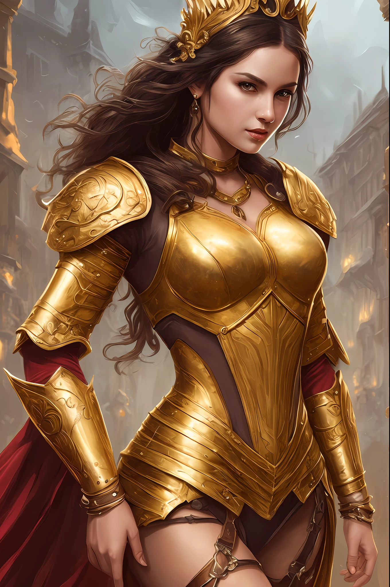 Woman in golden dress, True Art Station, Storm Sites, detailed fantasy art, Stunning character art, Beautiful and exquisite character art, Beautiful golden armor, Extremely detailed, Girl in shiny armor, Exquisite tiaras and jewelry, Full body capture,