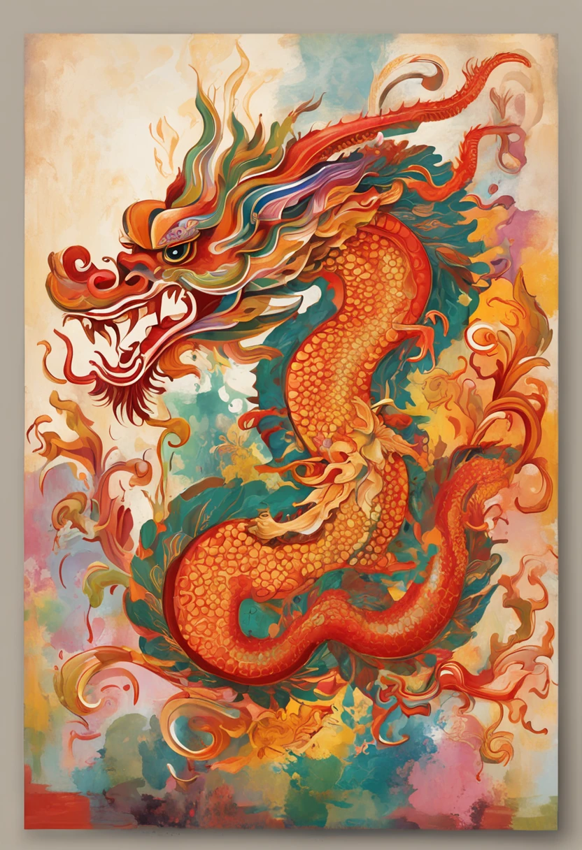 (China - chic Chinese dragon, Anatomically correct，Oriental elements),（China - chic illustration:1.5, Vector painting:1.5),(Chinese colors, senior color matching,Gradient background,White background),(Very detailed, reasonable design, Clear lines, High sharpness,Best quality, Masterpiece, offcial art, movie light effect, 4K )