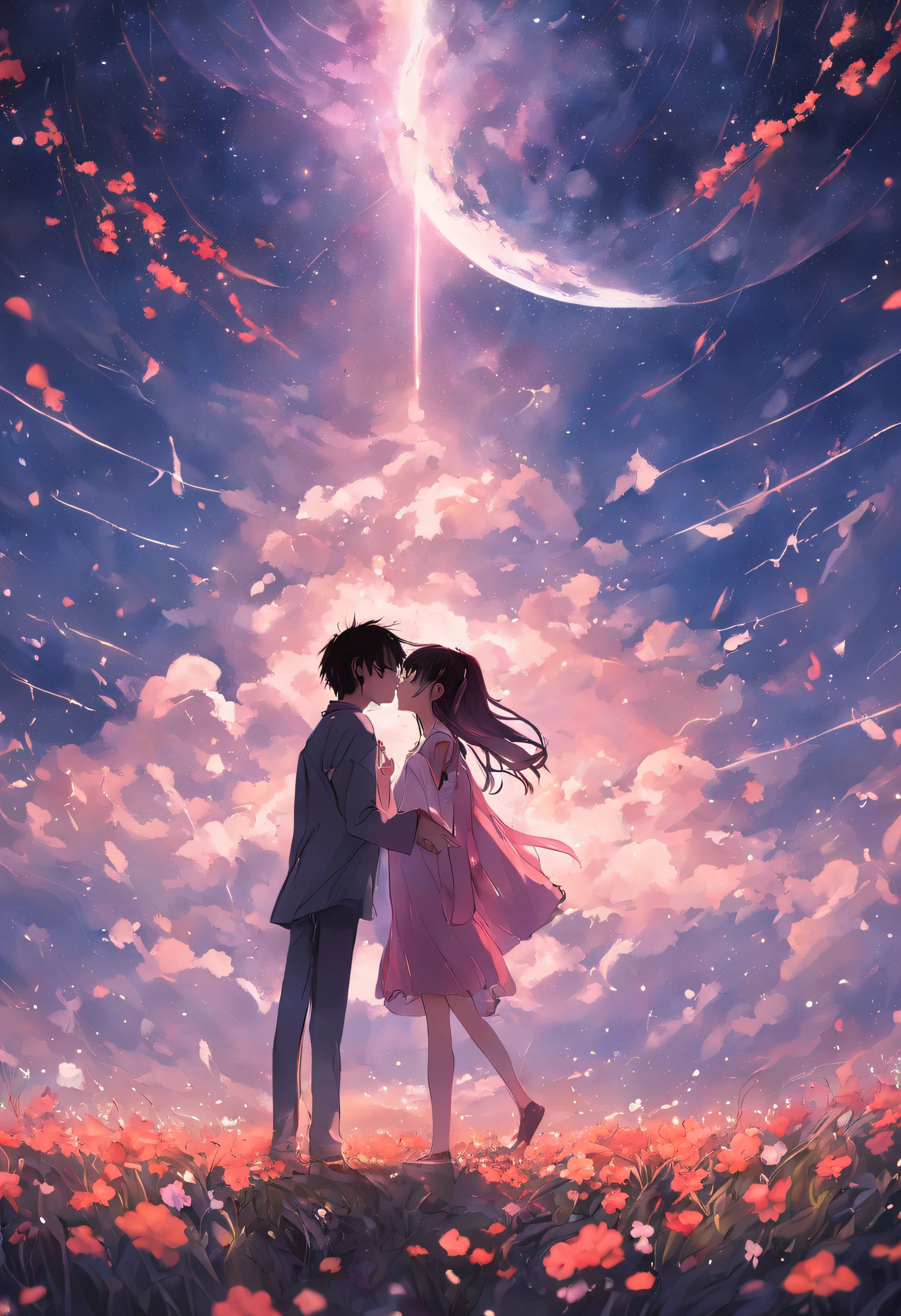 dream colors,tmasterpiece,the detail,starryskybackground,Clouds,Light and shadow effects,film effect,Rich in color,((A couple)),Embrace each other,((((In kissing)))),Petals rained down,Full moon night,Blooming with flowers,blurryforeground,Depth of field effect,A half body