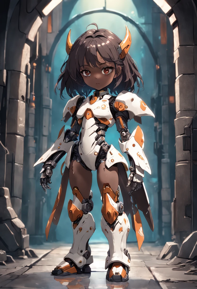 ((beautiful girl)), bone power armor made of joints , dark skin, ((githuc style)), mechanical eye, full body view
