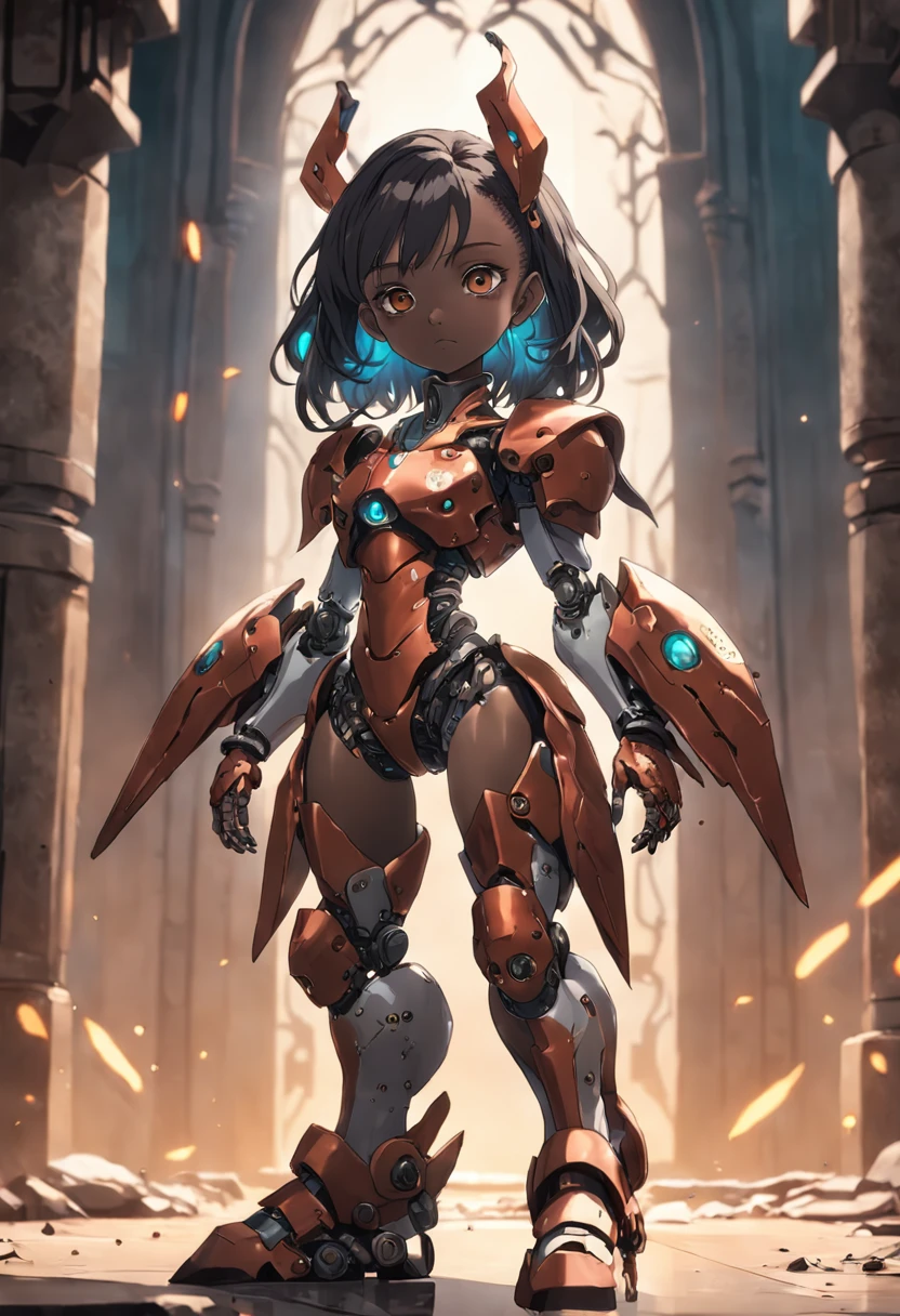 ((beautiful girl)), bone power armor made of joints , dark skin, ((githuc style)), mechanical eye, full body view