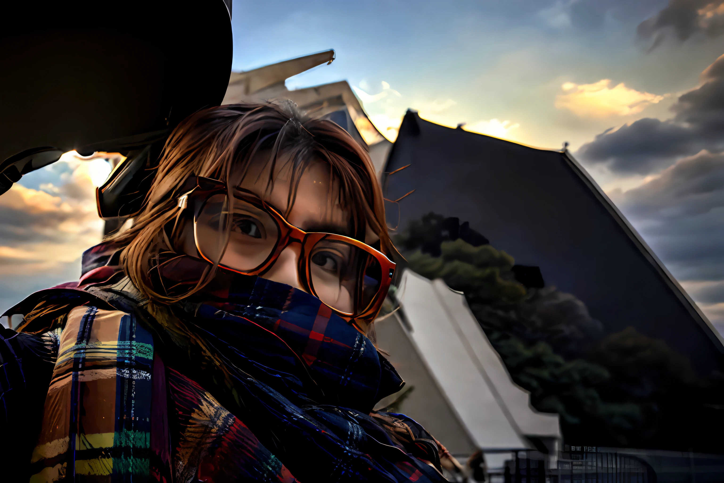 Girl wearing glasses and scarf covering her face, looking away from viewer, wearing glack glasses, low angle photo, looking up at camera, looking away from camera, Girl with glasses, looking away from the camera, looking at the distance, Shot from below, Cold, With glasses, Looking Up The Sky, looking up at camera