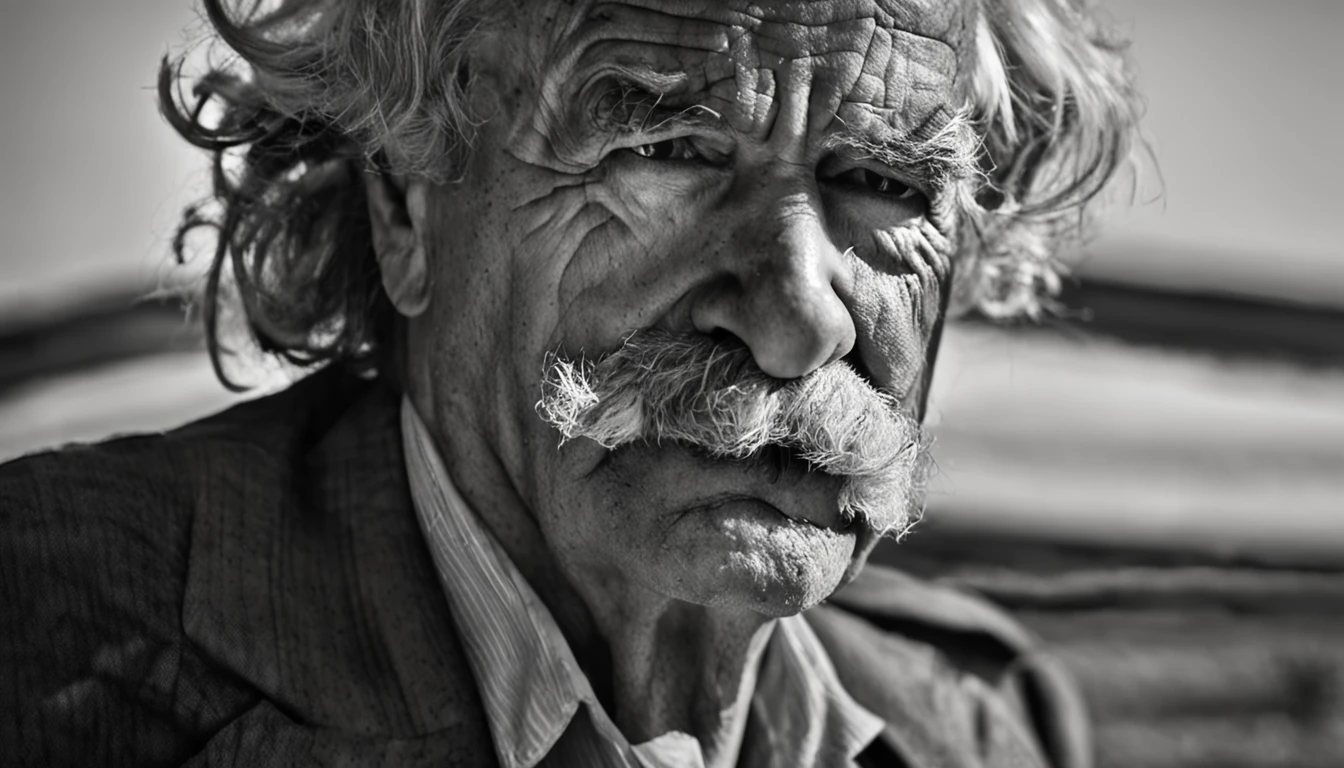 /imagine prompt: Um retrato extremamente realista de Mark Twain em um porta-retrato, his distinctive facial features meticulously reproduced, every wrinkle and line of expression evident, capturando a personalidade marcante do autor, Fotografia, DSLR camera with 100mm macro lens, profundidade de campo rasa, --ar 16:9 --v 5