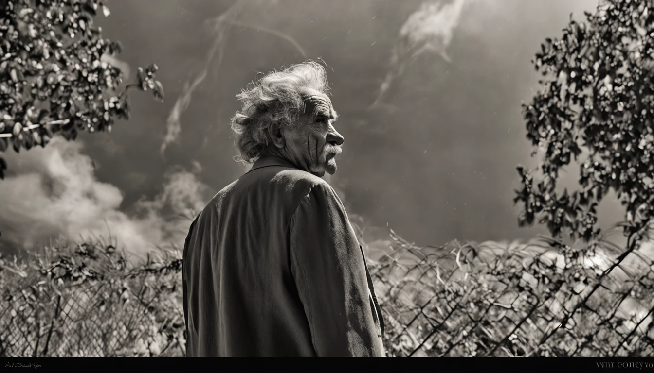 /imagine prompt: Um retrato extremamente realista de Mark Twain em um porta-retrato, his distinctive facial features meticulously reproduced, every wrinkle and line of expression evident, capturando a personalidade marcante do autor, Fotografia, DSLR camera with 100mm macro lens, profundidade de campo rasa, --ar 16:9 --v 5