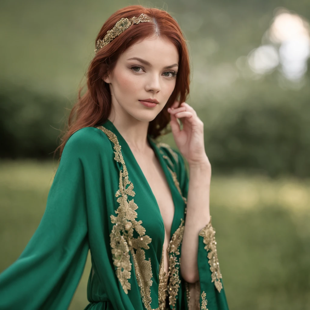 auburn hair，Slender palatial woman, Decorated with flowing emerald silk robes, Stand on top of a meadow hill，The view is majestic.