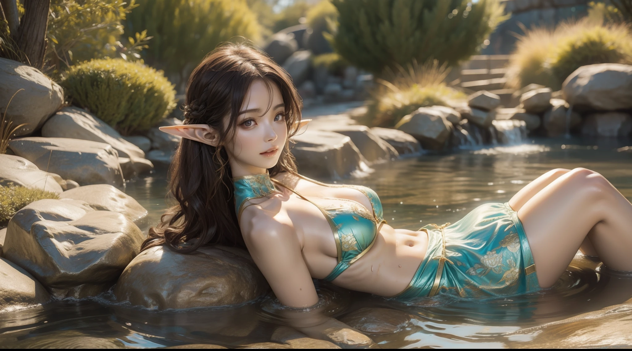 Female elf,Large breasts,Drenched hair,The background is a hot spring,Lazy expression
