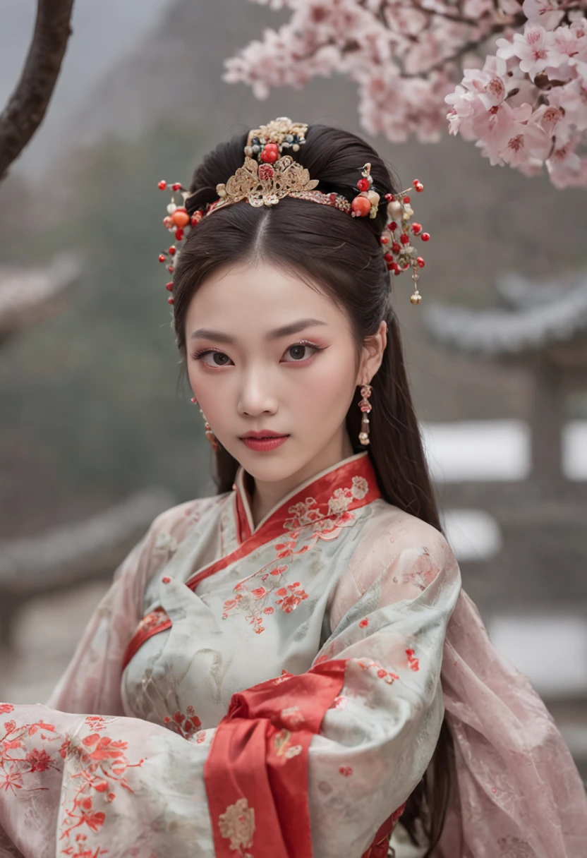 （wide angles，Ultra HD details，Masterpiece, hyper HD, Super detail, High details, Best quality, A high resolution,  Award-Awarded, Award-Awarded, 8K，），（Chinese Song dynasty beauties danced in skirts），（anatomy correct，Korean star face，The hands and face are very delicate and clear），（Stand in the middle of a quaint courtyard，Plum tree，Chinese elements，Winter clothing，A lot of plum blossoms are falling：1.2，A lot of snowflakes fell：1.2，），（Chinese premium color scheme，电影灯光）