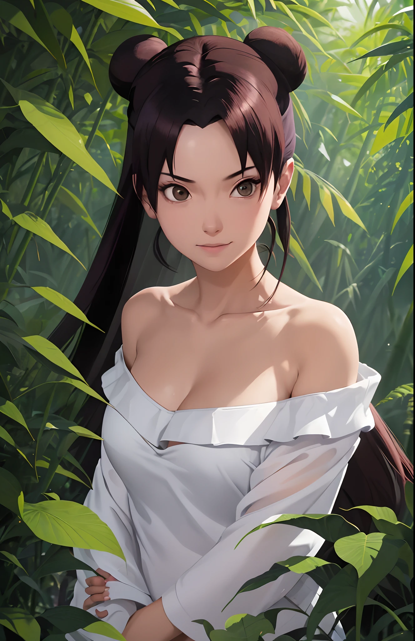 Lingerie, 1girl, breasts, moon, flashlight, night, solo, big breasts, hair ornament, wet, water, hair flower, flower, outdoor, sky, full moon, rain, black hair, off shoulder, mountain, cloud, bare shoulders, standing, lingerie, night sky, wet clothes, bangs, tree, sideways, reflection, long hair, cloudy sky, wet hair (((masterpiece), (extremely detailed 8k CG wallpaper),  Best quality, solo, 1girl, cinematic lighting, detailed background, beautiful detailed eyes, bright pupils, (an extremely delicate and beautiful), (beautiful and detailed eye description), ultra detailed, masterpiece,)), brown eyes, black pupil