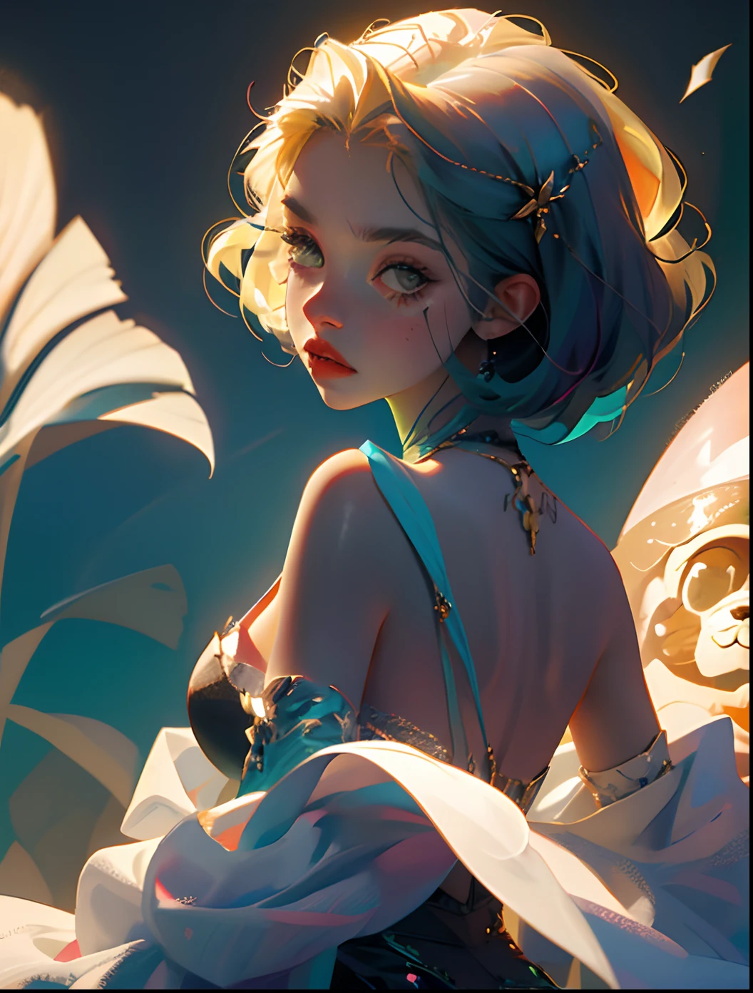 Personagem feminina, muito tatuada com pouca roupa, very short and colorful hair, usando alargadores enormes nas orelhas