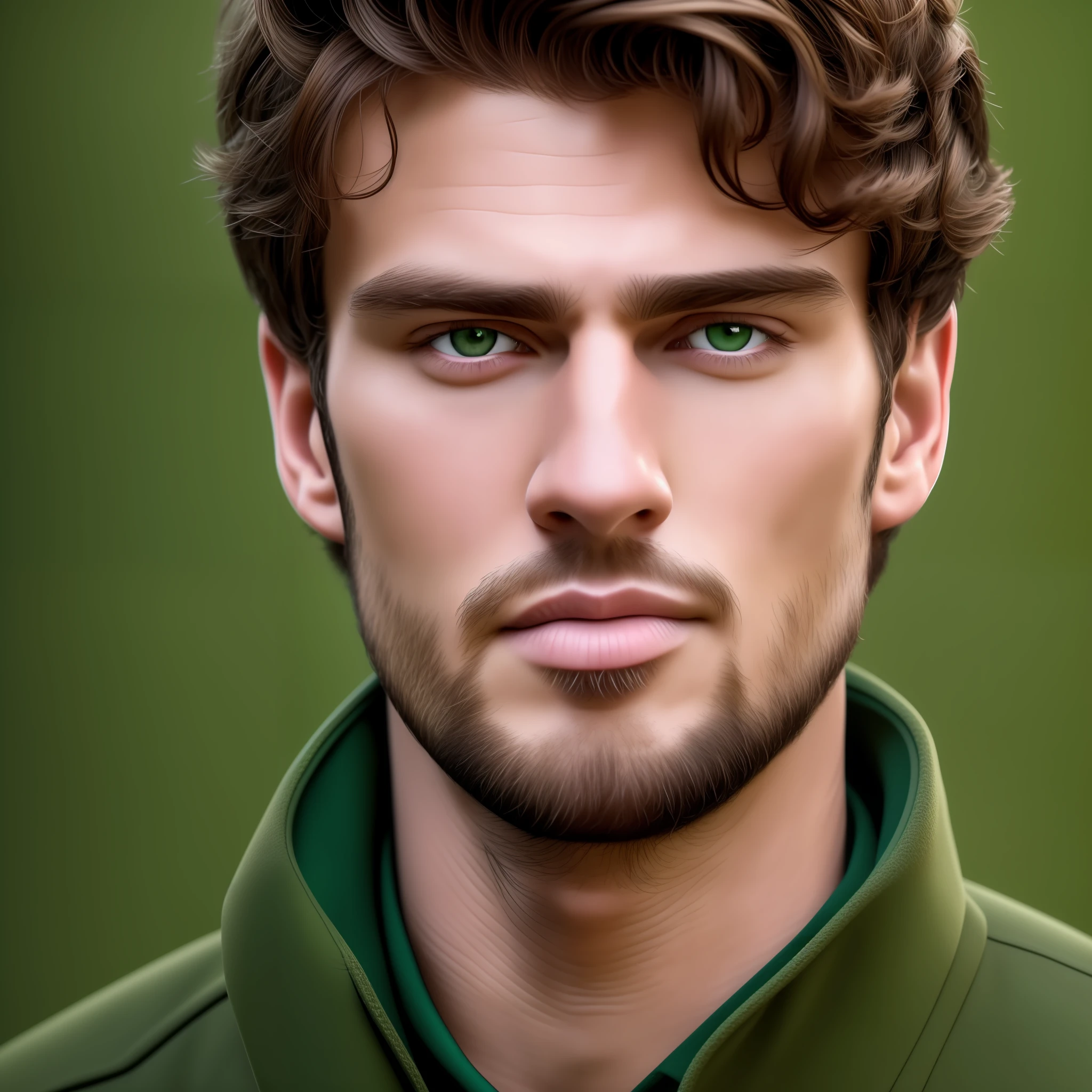 Close-up. Caucasian Handsome man 25 years old face close-up realistic, 4k, supreme detail, highly detailed, art-station, smooth, sharp focus, Face and look at the camera, studio, dual-tone lighting, understated, green eyes, brown hair, Round face, realistic, wearing a dark green jacket.