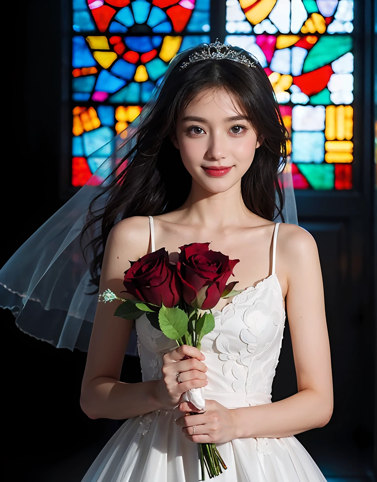 A maiden holding a bouquet: 1.2), Lori, Wearing a wedding dress, dress translucent, Bride, (finger diamond ring: 1.2), (Wedding dress: 1.1), finger cheeks, eyes glowing eyes, Floating hair, holding flower bouquet, (light grin: 1.3), magical girl, (chies), stained glass background, (rose petals), Fantastical, Looking at the audience, (Particle: 0.7), Side light, (Tyndall Light), (Masterpiece, Flat colors, Color: 1.0), (Best quality: 1.2), (highly accurate: 1.1), 8K resolution, rich details, Perfect light and shadow, Clear background, denoised