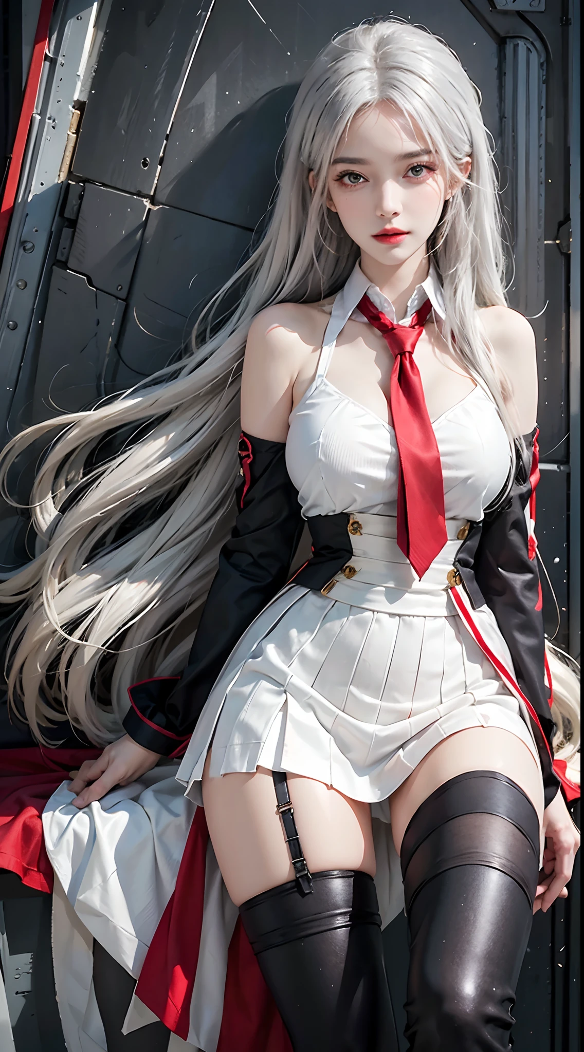 best quality, masterpiece, ultra high res, photorealistic, 1girl, smile, perfect face, beautiful face, beautiful eyes, ((perfect female body, narrow waist)), fantasy, dreamlike, unreal, science fiction,1girl,
masterpiece, best quality:1.2),illustration,8k,hd,1girl,solo,upper body,(portrait:1.2),very_long_hair,large_breasts,red_eyes,white_school_uniform,white_hair,necktie,red_necktie,skirt,bare_shoulders,boots,detached_sleeves,sleeveless,black_thighhighs,zettai_ryouiki,thigh_boots,garter_straps,