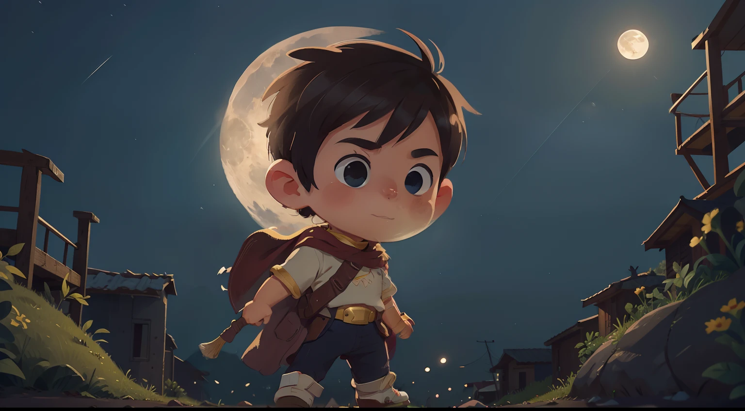 When the moon shone brightly in the sky, Luke turned into a little hero. Ele ganha uma capa brilhante e asas reluzentes que o permitem voar pelas ruas da cidade.