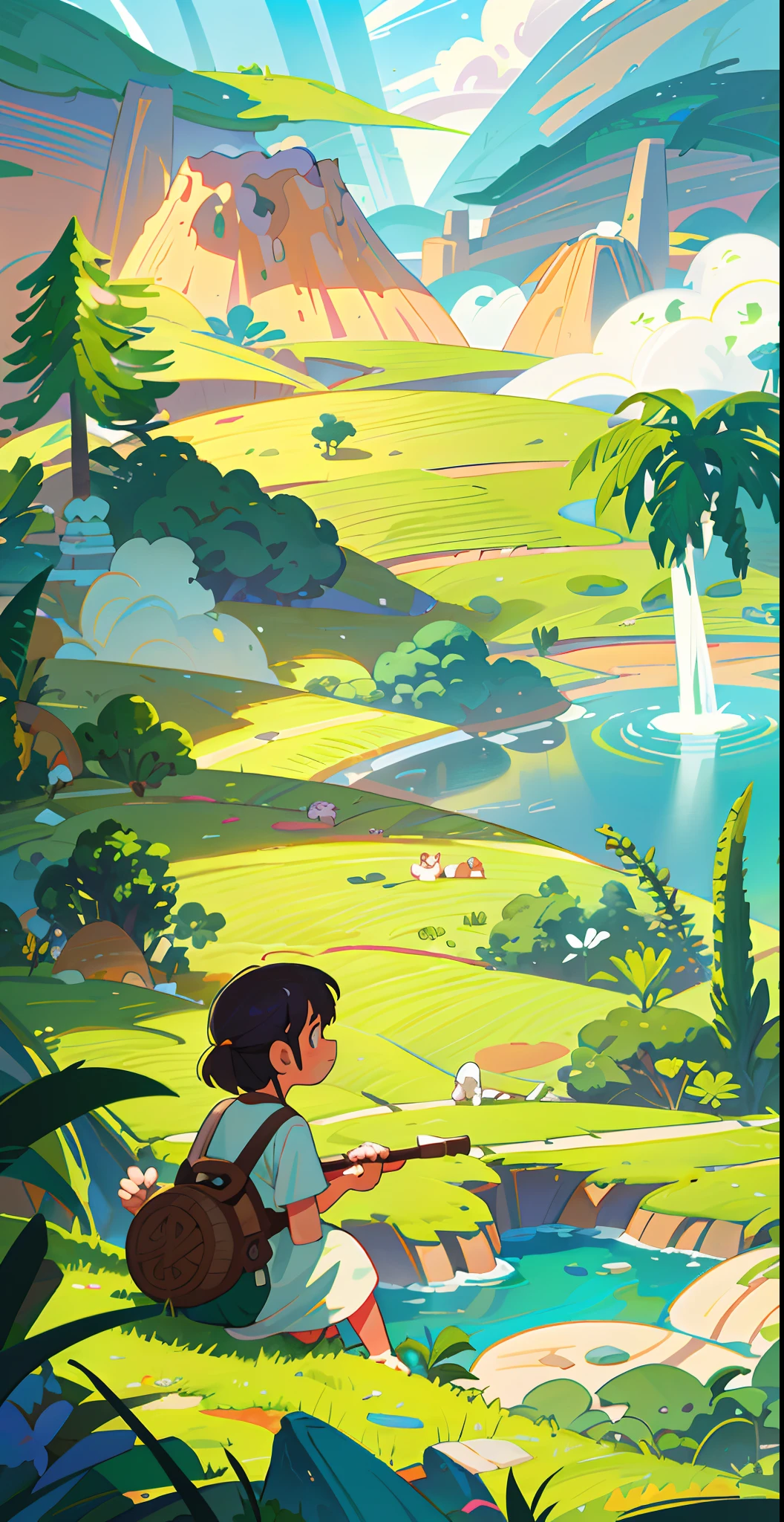 Chinese ancient times, spring, jungle, lake, cave, waterfall, tree, meadow, rock, hot spring, a plant，volcanoes，coconut palms，Antiquity，jurassic，Ancient plants，rios，grass field，grassy fields，Faraway view，mont，volcanoes，cliff，​​clouds，sun light， water vapor, brightly，verdure，Grass green，The colors are expressive，vibrant with colors，illustration，Cartoon drawing，Lively children's drawing，Illustrations in storybooks，Cartoon coloring page，KIDS ILLUSTRATION，Disney，cartoony，Paramount，dreamworks，(illustration: 1.0), epic composition, realistic lighting, HD details, masterpiece, best quality, (very detailed CG unified 8k wallpaper)
