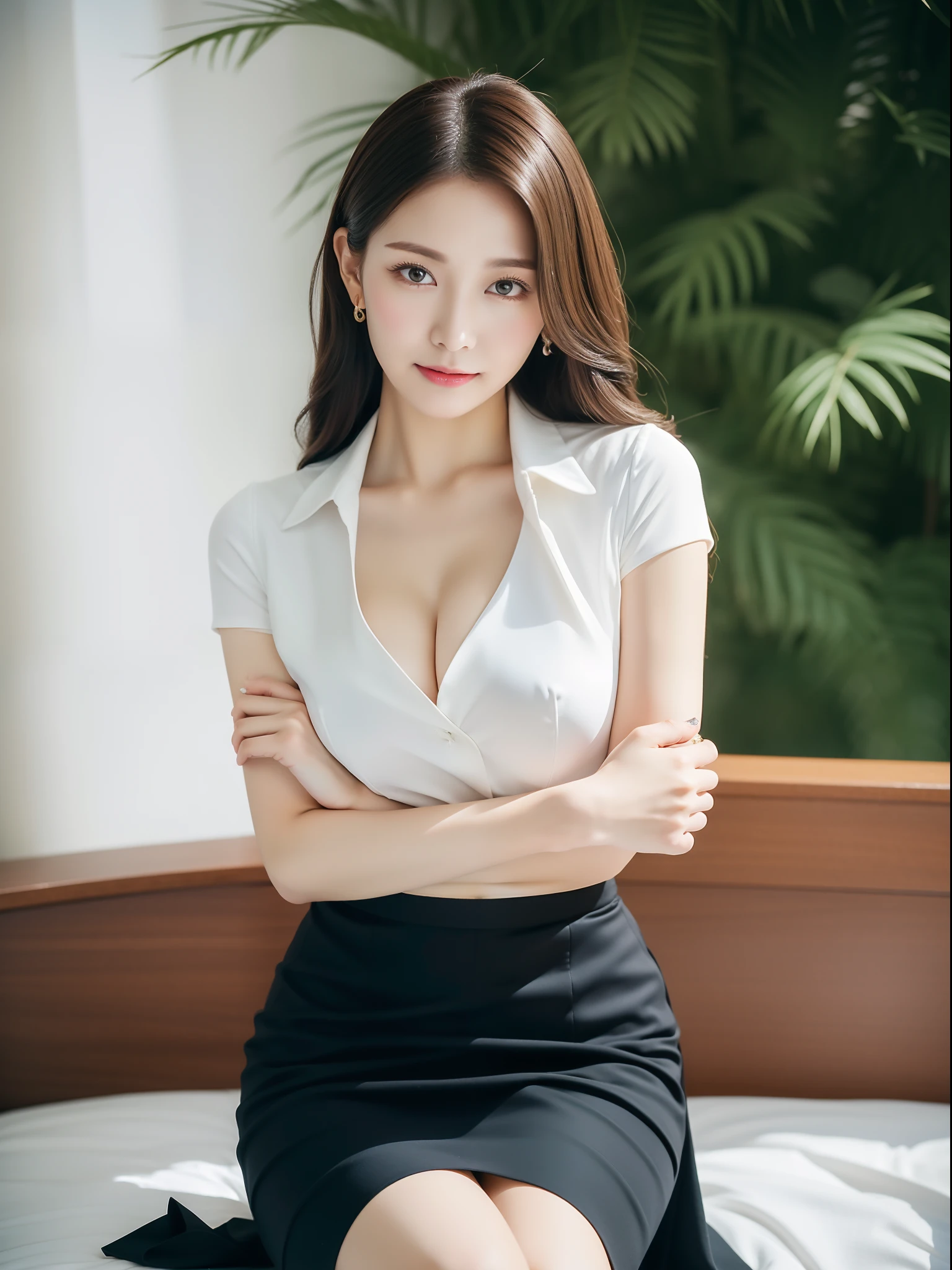 NSFW, (Best Quality, 8K, masutepiece:1.3)) , (femele: 1.4), 1girl in, goddes, 25 years old, costume photography, The whole picture, Nikon SLR camera, Focus aperture F.2, focal length 85mm, (Face Close-up), (Large breasts), ( Standing), (Chest close-up), (hip close-up), Arakfi woman in business casual dress posing for photos, PORTs costume, sitting on a bed, Elegant dress, black curly hair, Double eyelids, Black eyes, fine eye details, long eyelashes, fine eyelash details, Snow-white skin, Fine skin texture, Pozi style clothing, formalwear, Business Wear, business skirt, business skirt, delicate skirt, luxurious skirt, full cover skirt, thin waist, the detailed images, elegant intellectual charm beautiful, Charming, elegant high quality, Cheerful, romantic