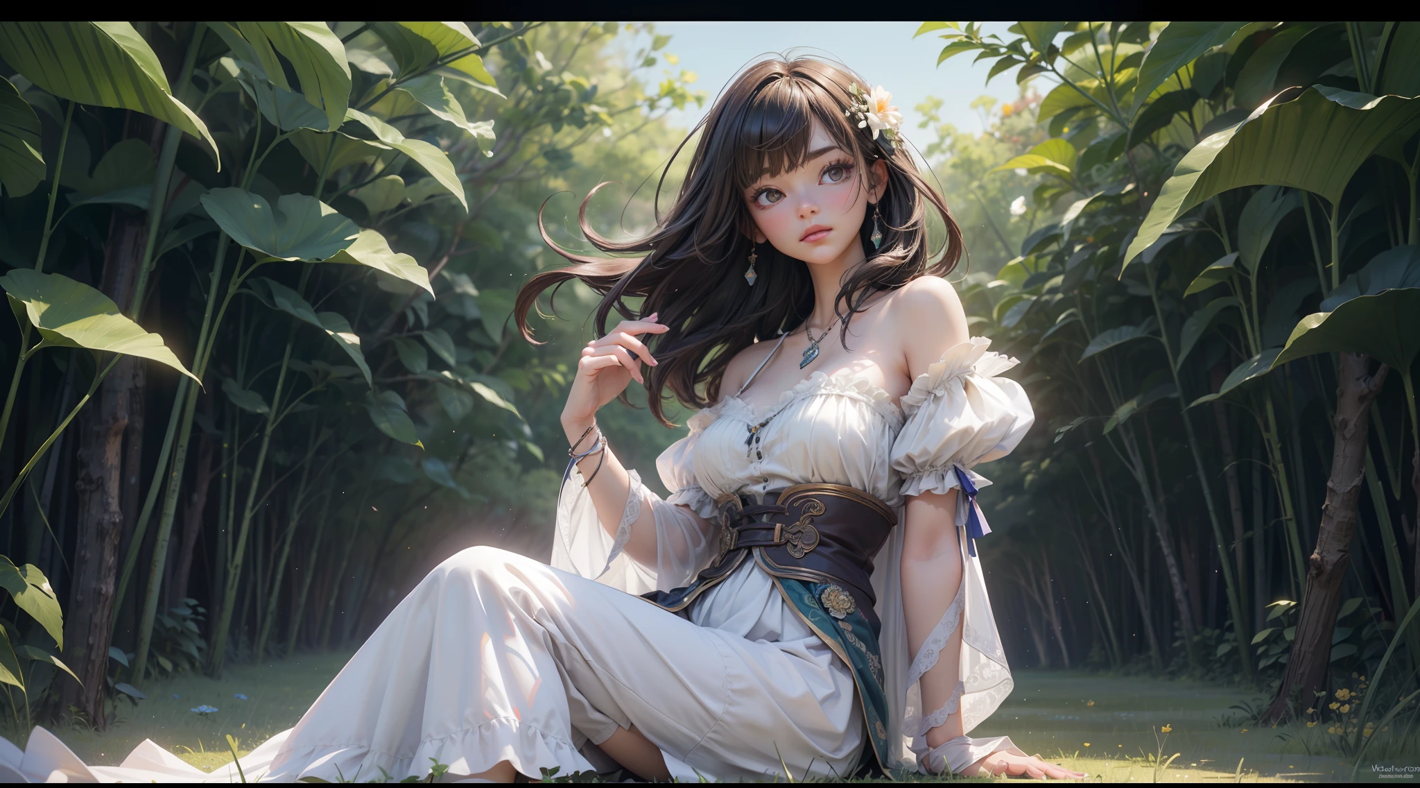 masterpiece, highest quality, figure, colorful, landscape, fantasy, forest, 1 girl, girly, face focus, skinny, bare shoulders, clavicle, Detailed black long hair, gray eyes, Holy Smile , wreath, white dress, holy light, forest, sea of trees, flowers, sitting on the ground、Two-dimensional beautiful girl、perfect beauty、perfect proportions、big breasts、The cutest in the world、facing forward、looking at the viewer