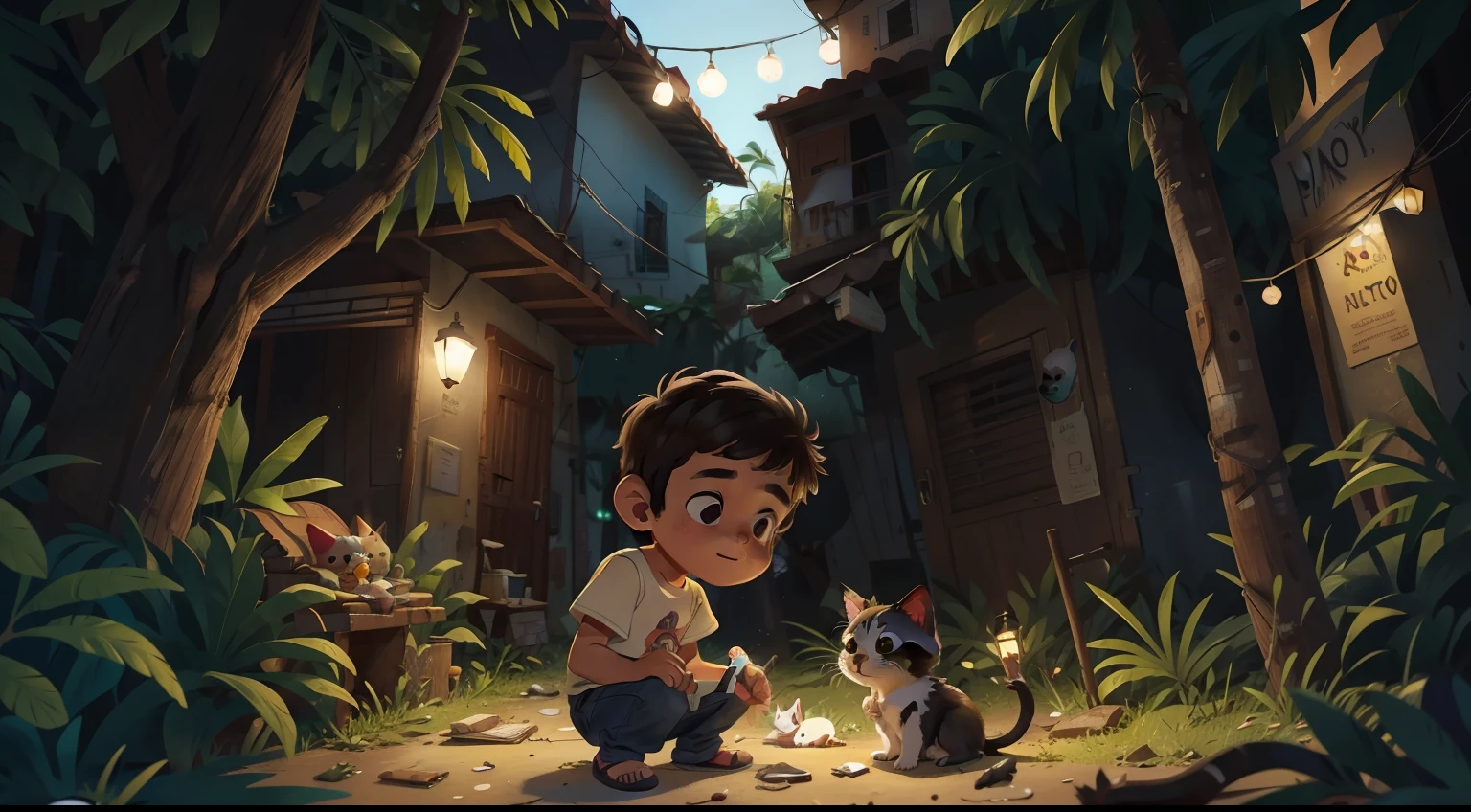 Uma noite, enquanto voava pelo bairro, Lucas ouviu um chorinho vindo de um beco escuro. He flew there and found an abandoned kitten. Com cuidado, ele o levou para casa e cuidou dele com carinho.