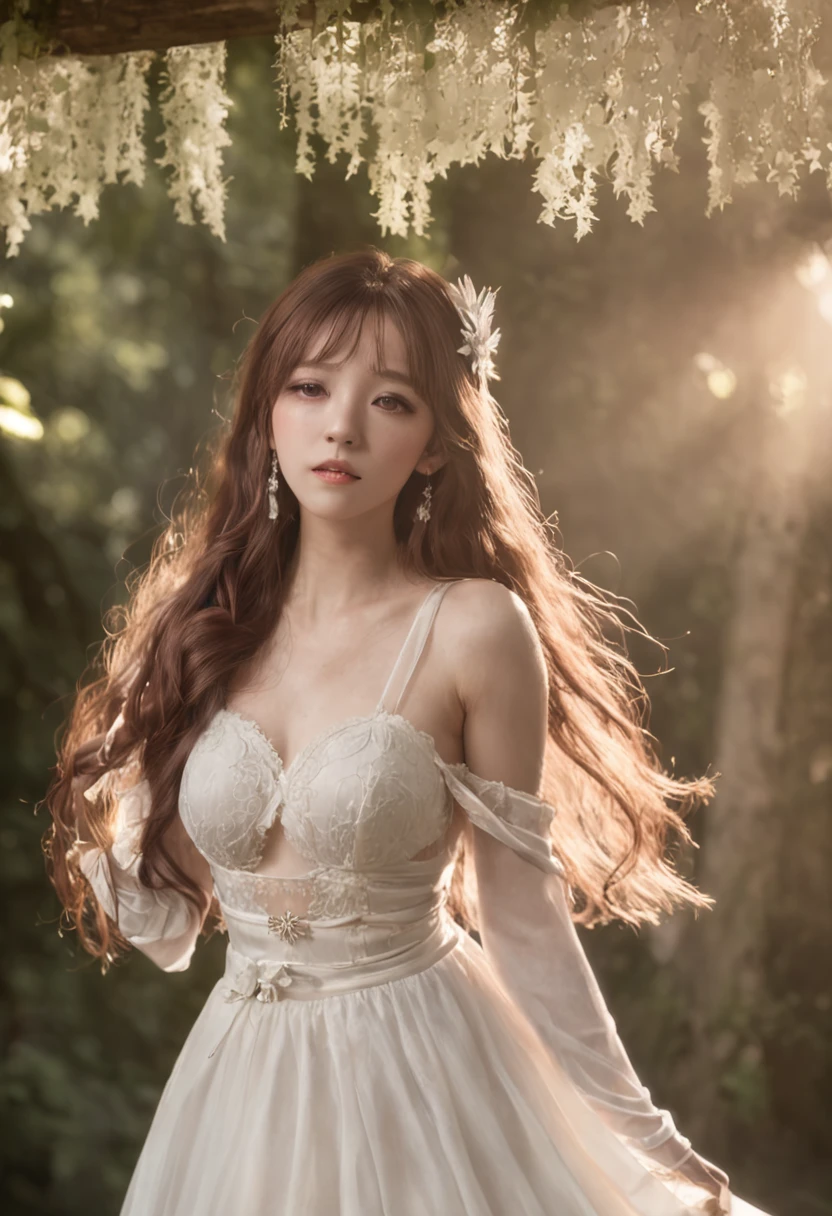 super-fine,Physical rendering,choker necklace,耳Nipple Ring,Air bangs,hair adornments,the setting sun,鎖骨,Wristbands,nabel,long whitr hair,Brown hair,goddes,mideum breasts,ln the forest,wavey hair,wedding gown,