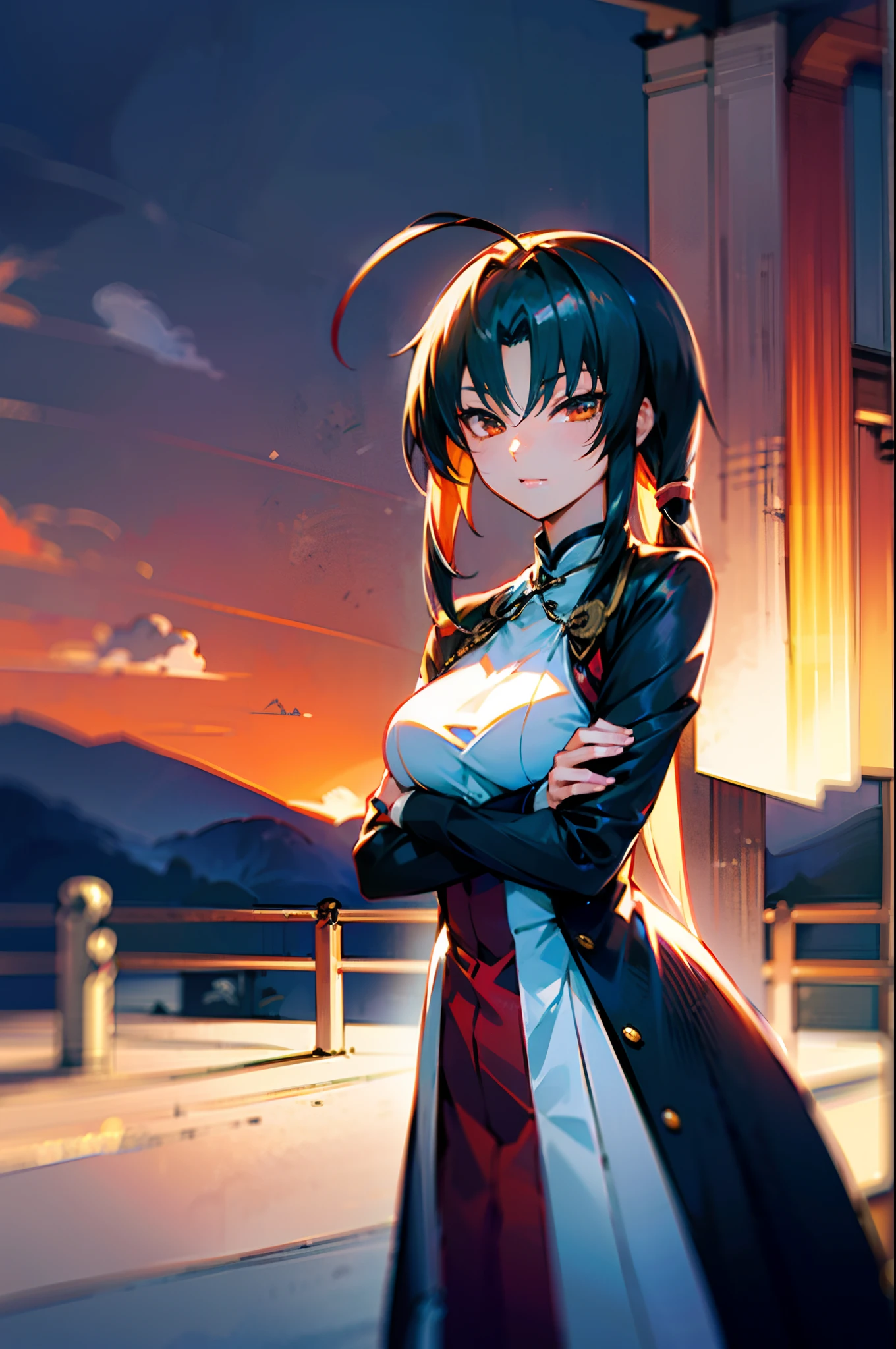 masutepiece, Best quality, 超A high resolution, beautiful detailed hair detailed face, perfect feminine face, (((taihou))), azur lane, twin-tail hair, ahoge, Black hair, hair adornments, (Red evening dress), Beautiful breasts, photographed:sakimichan, George Upper Valley, akira yasuda