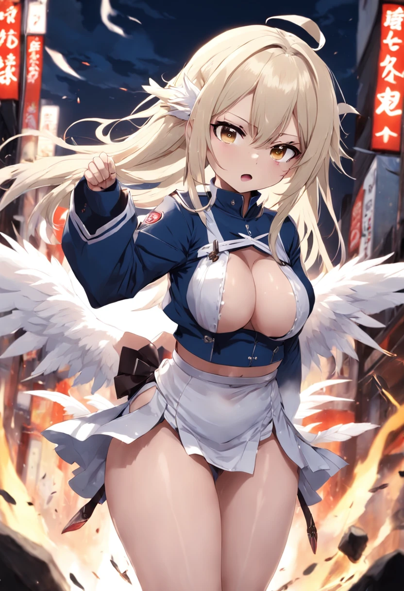 japanese anime style。illustratio。Dark Fantasy。White feathers。girl with。a blond。undergarment。natta。battle field。Colossal tits。pubick hair。teats。a miniskirt。A little angry。all-fours。