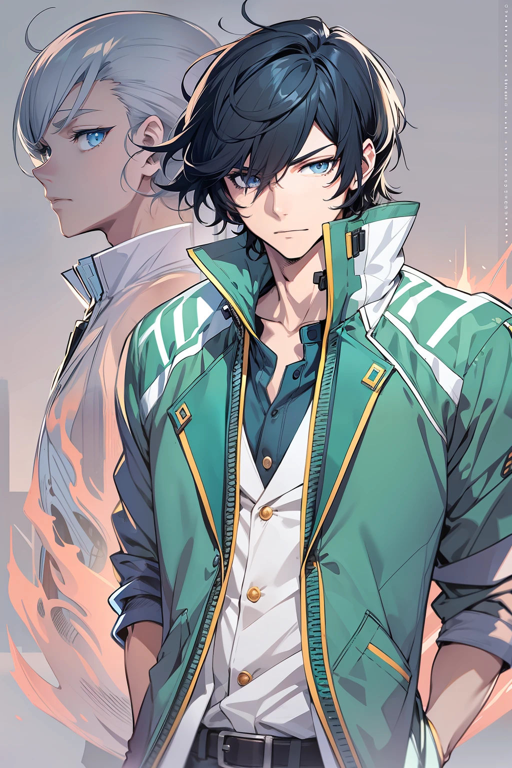 Medium black hair, Blue eyes, Man in blue and white jacket vest, detailed anime character art, illustratio