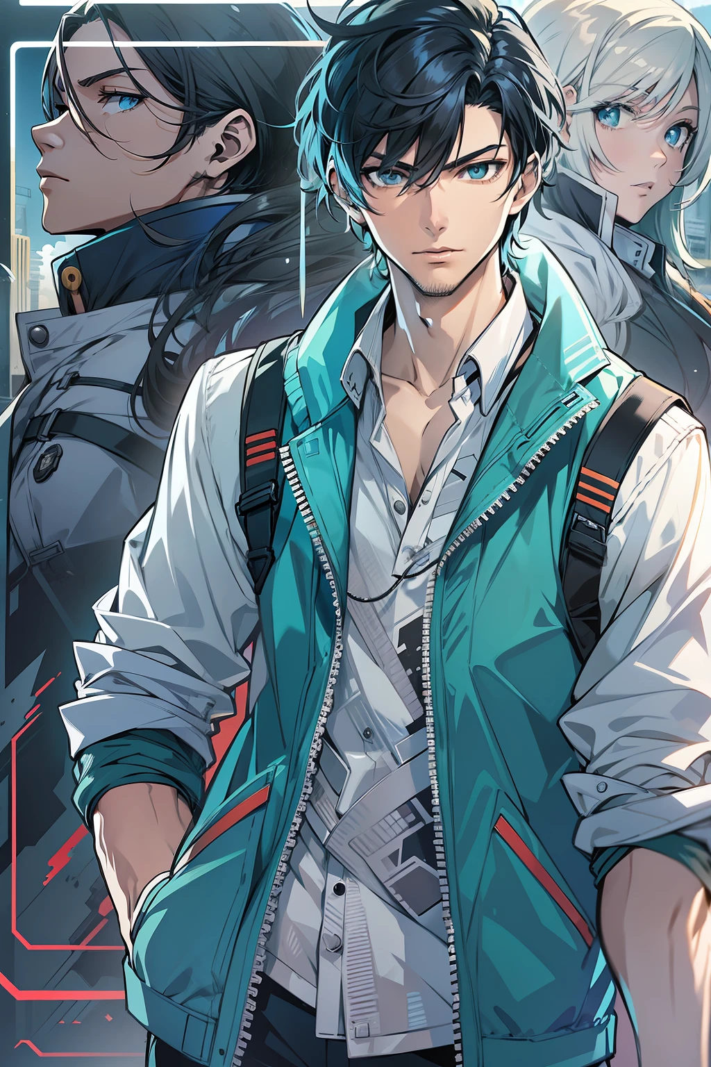 Medium black hair, Blue eyes, Man in blue and white jacket vest, detailed anime character art, illustratio