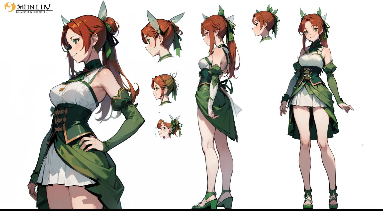 ((Best Quality)), ((Masterpiece)), ((Realistic)) 19 year old, redhead girl, shoulder length hair ((hair ribbon)) ((big happy smile )) ((( light green fairy costume ))) (((mini skirt))) ((slender)) (busty) ((sexy )) (((white thong))) bun hairstyle, (((detailed character sheet, frontal view, side view, three quarter view))) (((white background))) 6 and a half heads full body