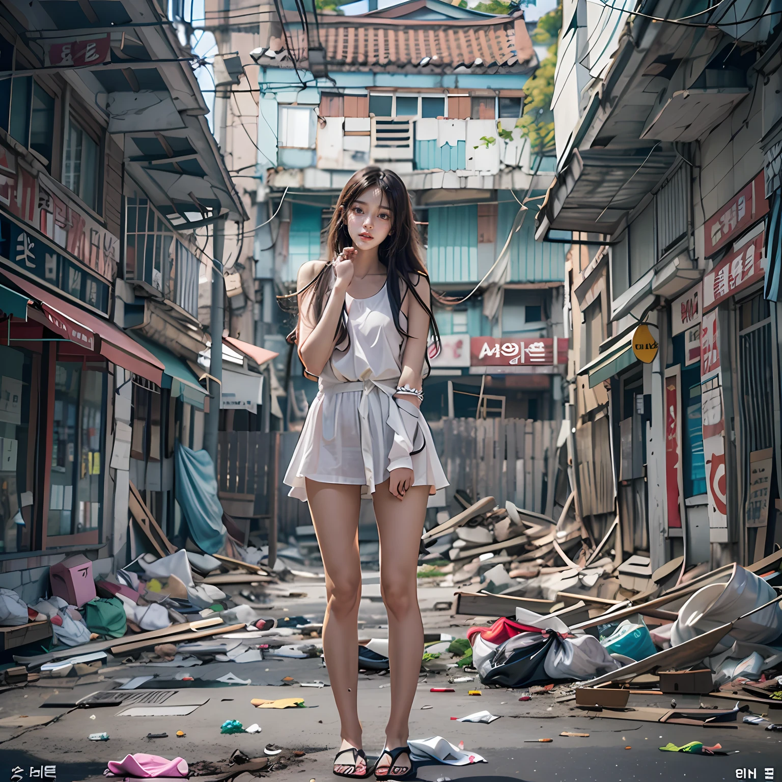 tmasterpiece，abandoned building，Garbage all over the ground，full-body portraits，Sexy standing pose，18 years old korean beauty，very beautiful long slim legs，(((Bare the entire body)))，exhibitionists，Random exposure of genitals