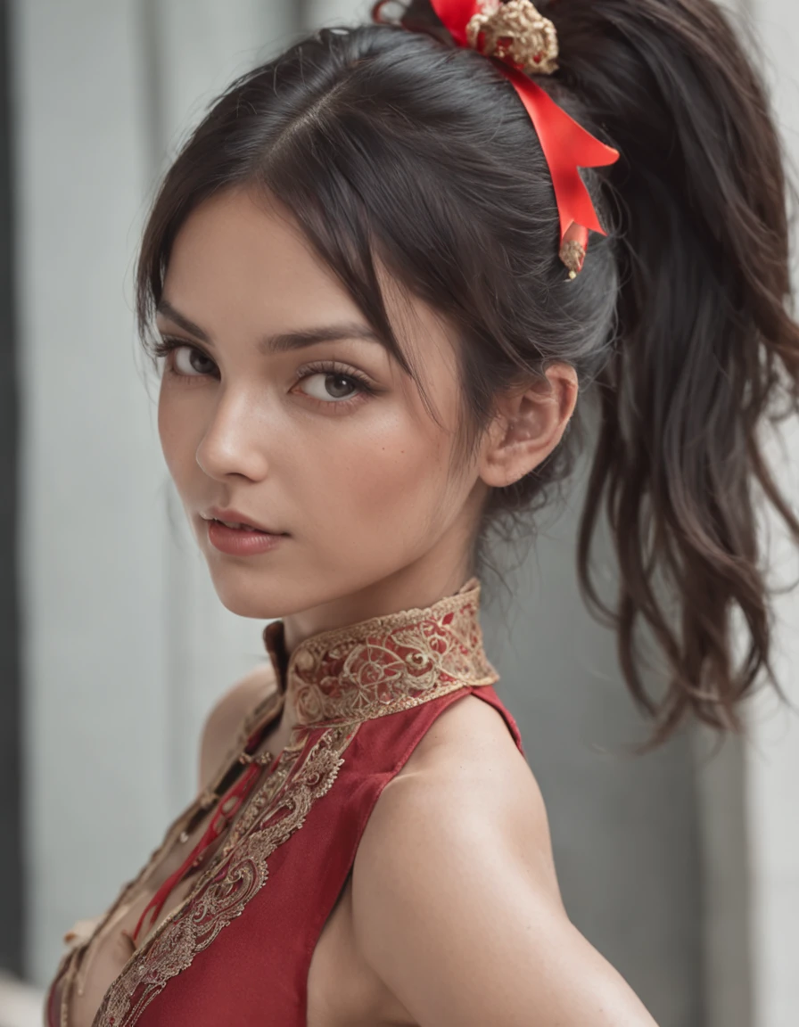 photography, best quality, (((1 indian girl))), nude, full body portrait, medium breast, pussy, black hair, bangs and 1 long ponytail, the ponytail has a (((red ribbon))) at the end, round face, modern, realistic proportions, beautiful face, symmetrical face, symmetrical eyes, dynamic pose, intricate, intricate details, sharp focus, bokeh, cinematic, 8k,