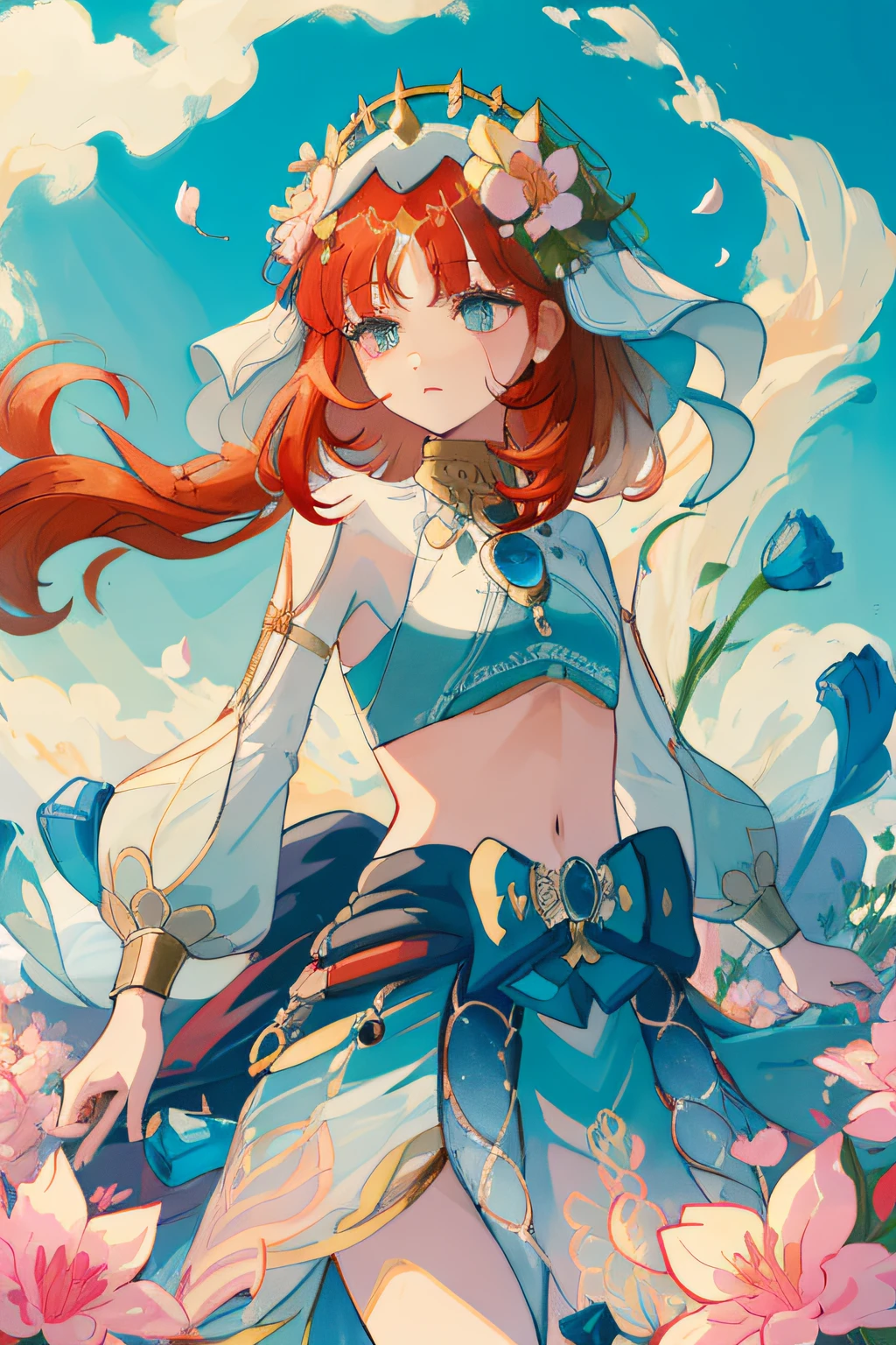 Hungry clothes, nilou (genshin impact) nilou (neither flower nor mist) (genshin impact), (((red hairs)))、(((​masterpiece))), (((top-quality))), ((The ultra-detailliert)), (illustratio), (1 girl in), (独奏), ((extremely delicate and beautiful)), tiny girl, ((Beautiful detailed sky)), beautiful finely detailed eyes, dull bangs on the sides, hairs between eyes, bow ribbon, bare shoulders​, (tiny chest), blank stare, pleatedskirt, Closer to the viewer, ((breezing)), Flying splashes, Flying, Scattered petals, the wind,