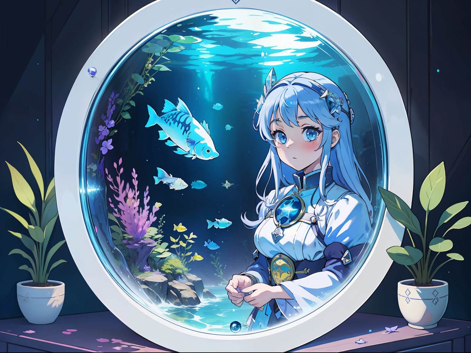 Anime girl looking at fish in aquarium with mirror in background, wallpaper anime blue water, Splash art anime , Artoria Pendragon, Violet Evergarden, zerochan art, alchemist girl, inspired by Li Chevalier, marisa kirisame, Marin Kitagawa fanart, anime art nouveau, portrait of loliOfficial illustration, anime art nouveau cosmic display