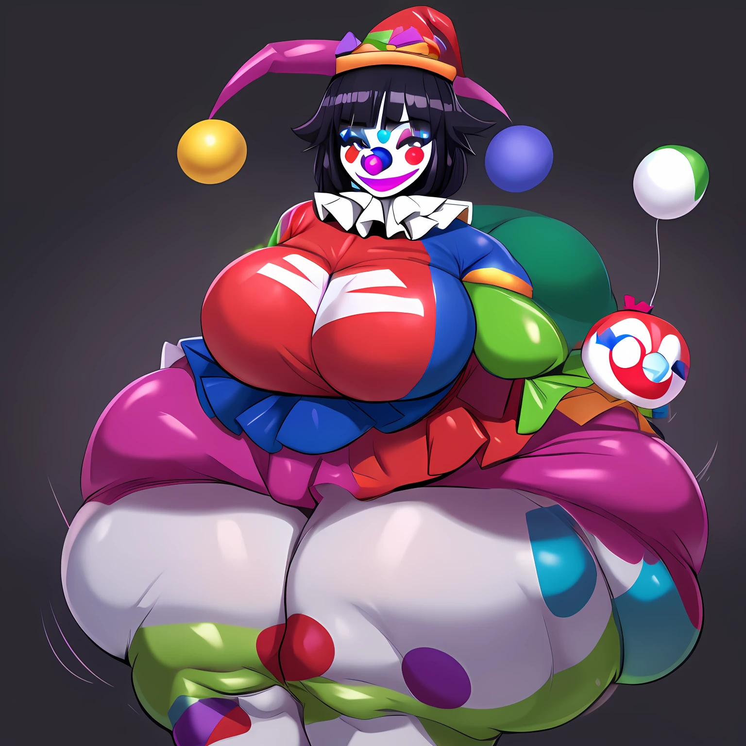 Cute , Handsome clown ((man)) with gray eyes, pink and black hair, Lila Vanrouge as a Clown, Black  and Green Jester hat, Massive thighs, Huge ass, High Aesthetic, masterpiece, High quality ,solo,((clown))，clowncore, Anime,hentai\clown, ((clown Makeup))