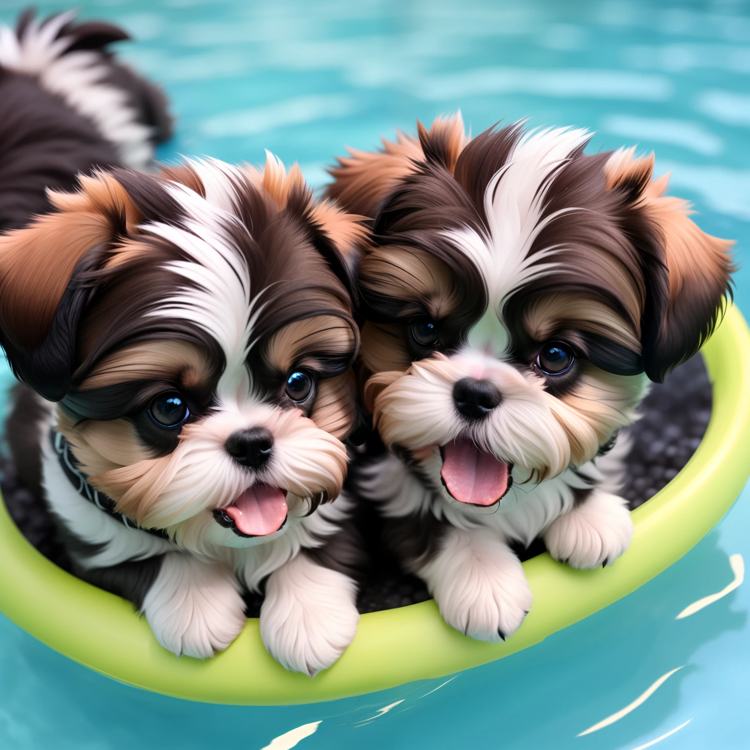 hyper Quality,Cute two Shih Tzu puppies,different body colors,swimming in the pool,smile,black eyes,barking,narrow eyes,smile,eos r3 28mm