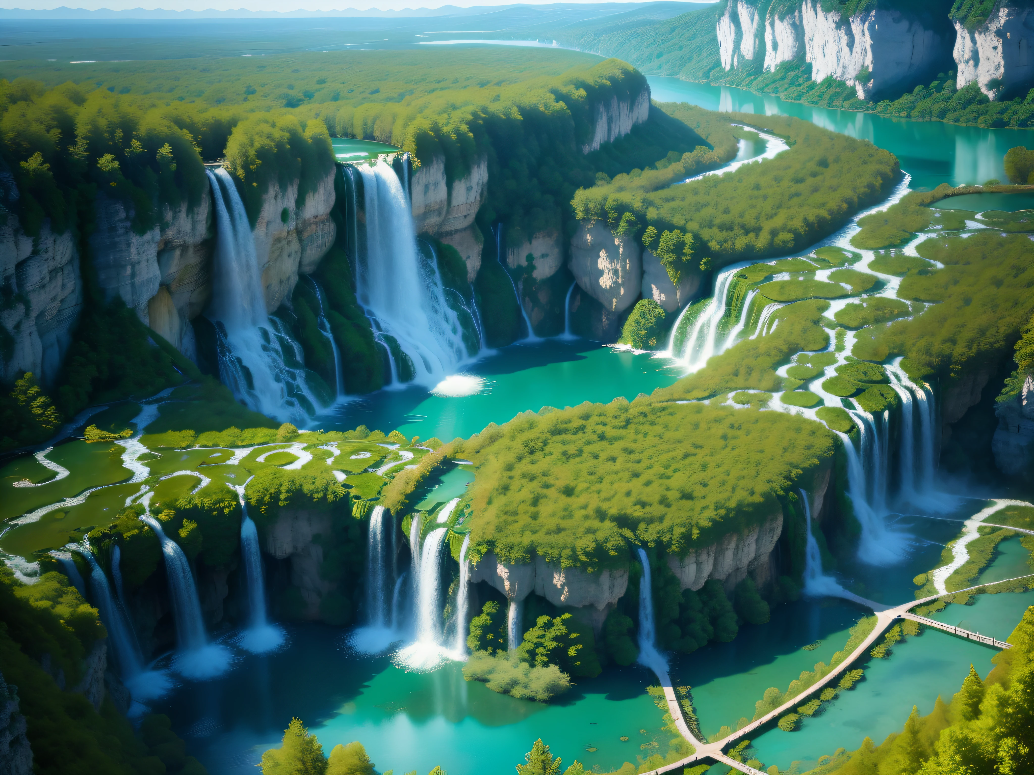 Plitvice Lakes National Park, Croatia: A network of cascading lakes and waterfalls surrounded by lush forest, creating a surreal and serene landscape.