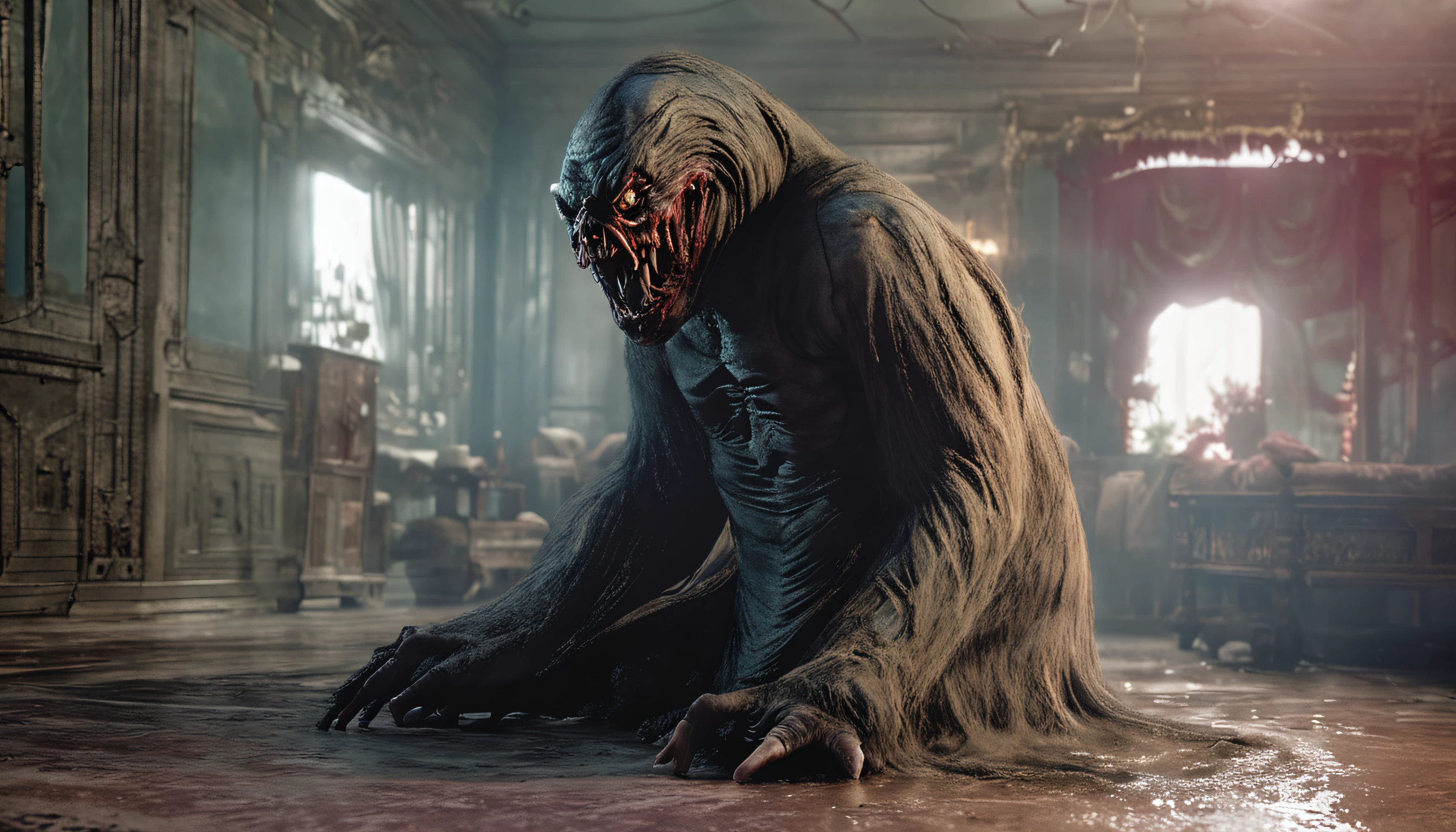 <lora:BodHor-V1:1> body horror, eyeballs bursting out of head, man, full body shot, surrounded by filthy meat, great composition, liquid, painful, wide shot, head explosion, dark figures in the background