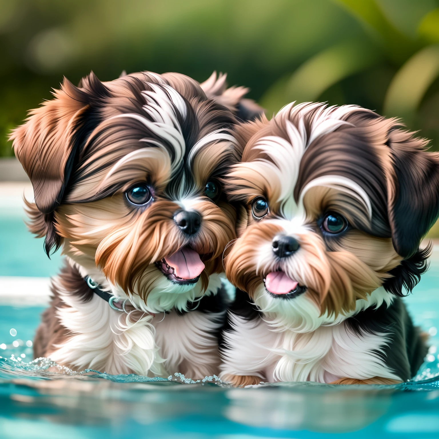 hyper Quality,Cute two Shih Tzu puppies,different body colors,swimming in the pool,smile,black eyes,barking,narrow eyes,smile,eos r3 28mm