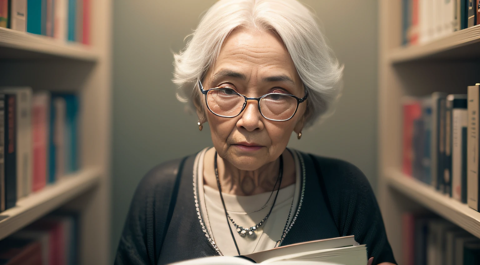 (Look at the camera head-on) An older woman with glasses holds a thick book,Asian woman Chinese elegant woman sitting in front of a bookcase ,facing at camera。Ultra-real dignified elegance, ultra-real cinematic. Silver hair, White hair, Short hair, hair splayed out, Expressive hair, hair adornments, jewelry, bead necklace, wears glasses,Light smile, Constructivism, Mannerism, Social realism, Verism, filmgrain, multiple monochrome, anaglyph, Cinematic lighting, light and dark, portrait featured on unsplash, Old lady, Old woman, looking old, 50mm portrait, an older woman reading a book in front of a bookcase, sportrait, Color: High-contrast cinematic,The sense of cinema is strong, the dark tone is the appearance of the old man, Old lady, Portrait shooting, Asian woman, elderly woman, An old lady, An Asian woman, Elegant Chinese woman, Close portrait, white haired lady