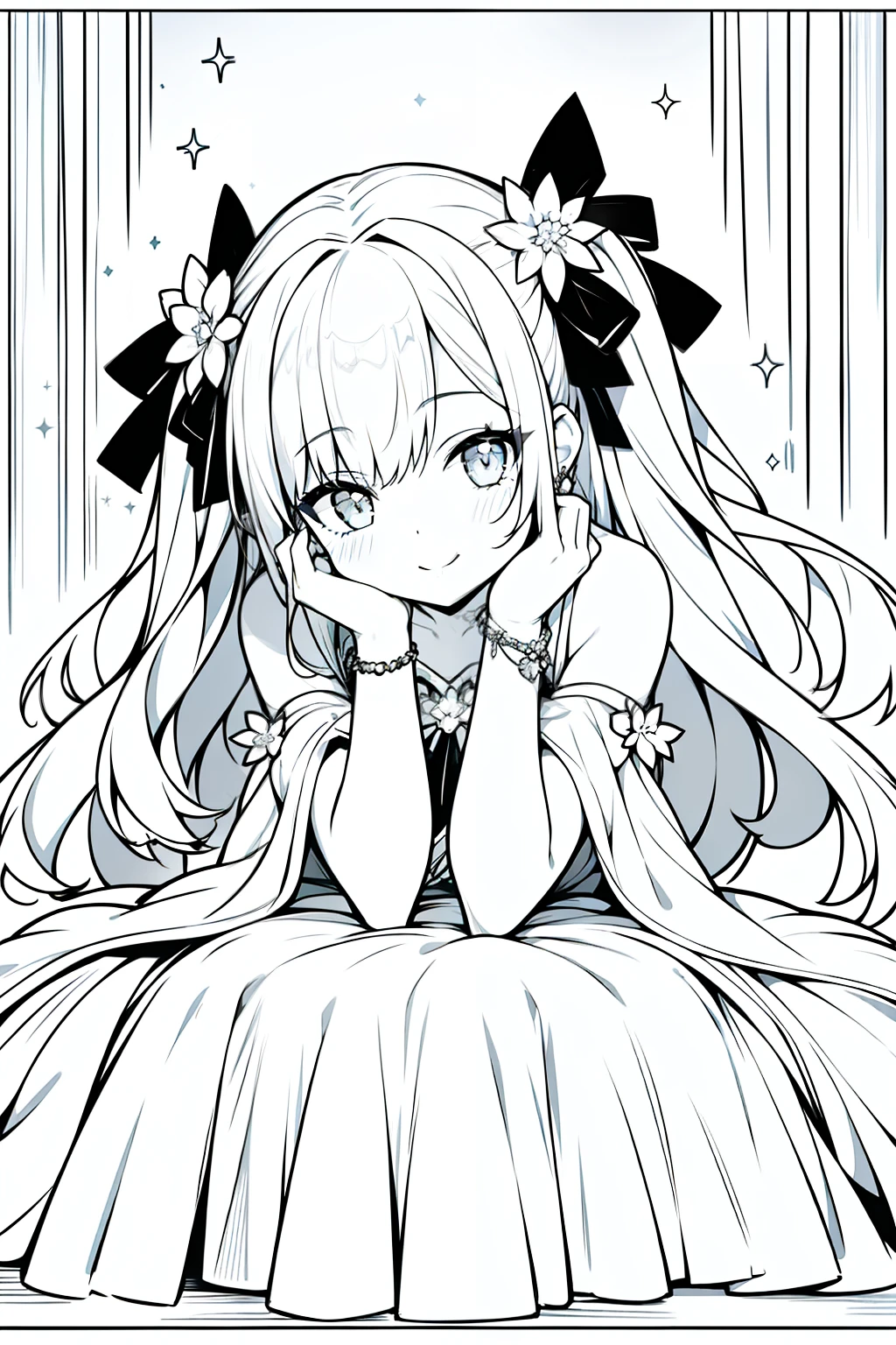 masterpiece, best quality, 1girl, solo, long_hair, looking_at_viewer, smile, dress, ribbon, jewelry, very_long_hair, hair_ribbon, flower, bracelet, two_side_up, hand_on_own_face, head_rest, hand_on_own_cheek, lineart, monochrome,