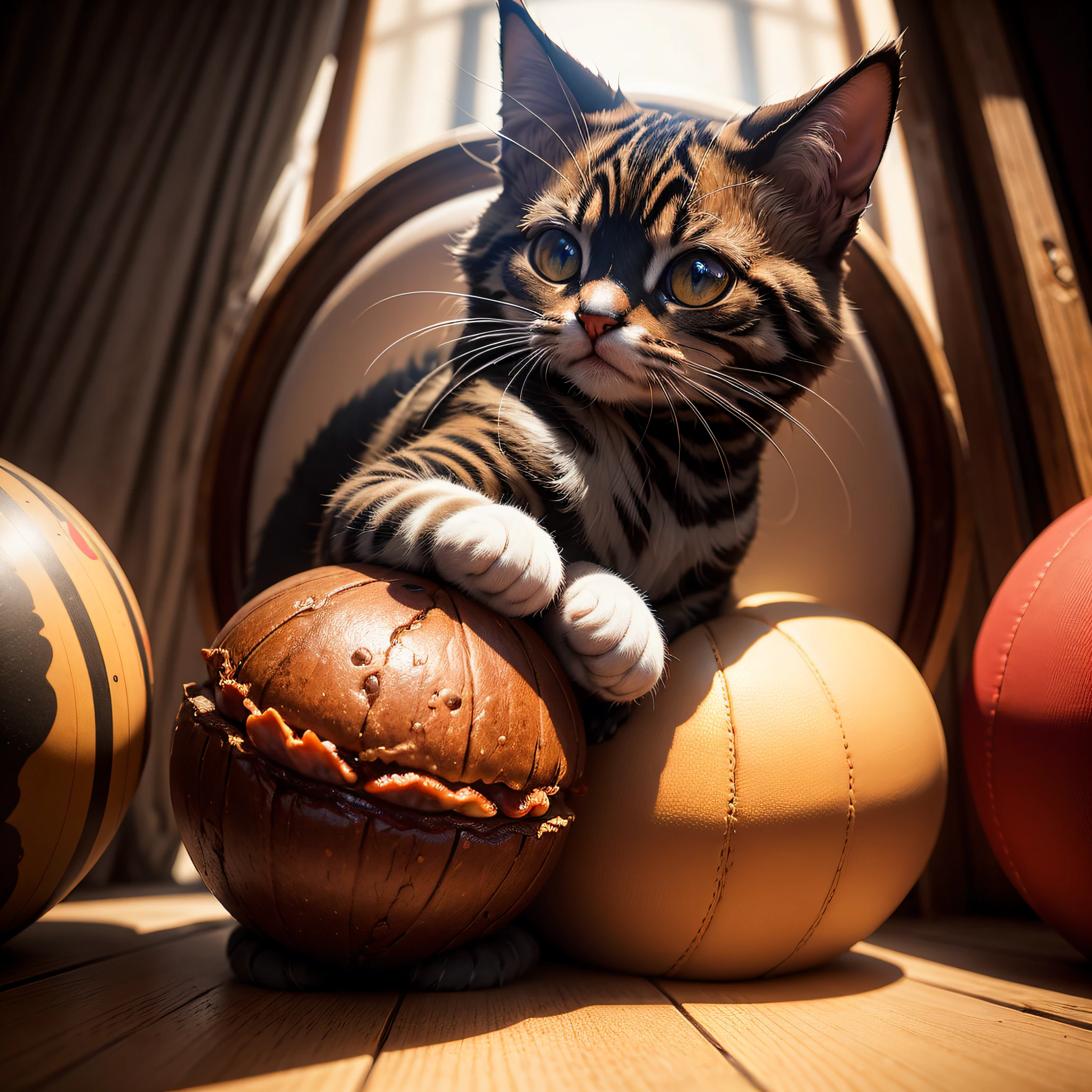 Life Documentary Artistic ultradeep focus photography, Ultimate solid masterpiece synthesized from multiple masterpieces of absolute different styles and themes with sense of humour, kitten eyes inside spherical- hamburger