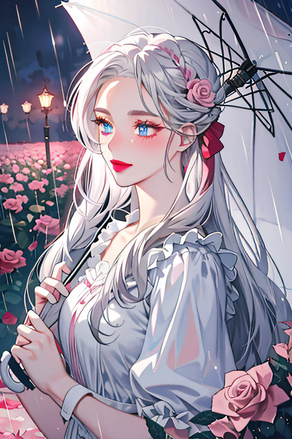 silver-haired girl holding a rose and an umbrella in the rain, blue eyes, shy look, red lips, blushing, pink flower garden in the background,