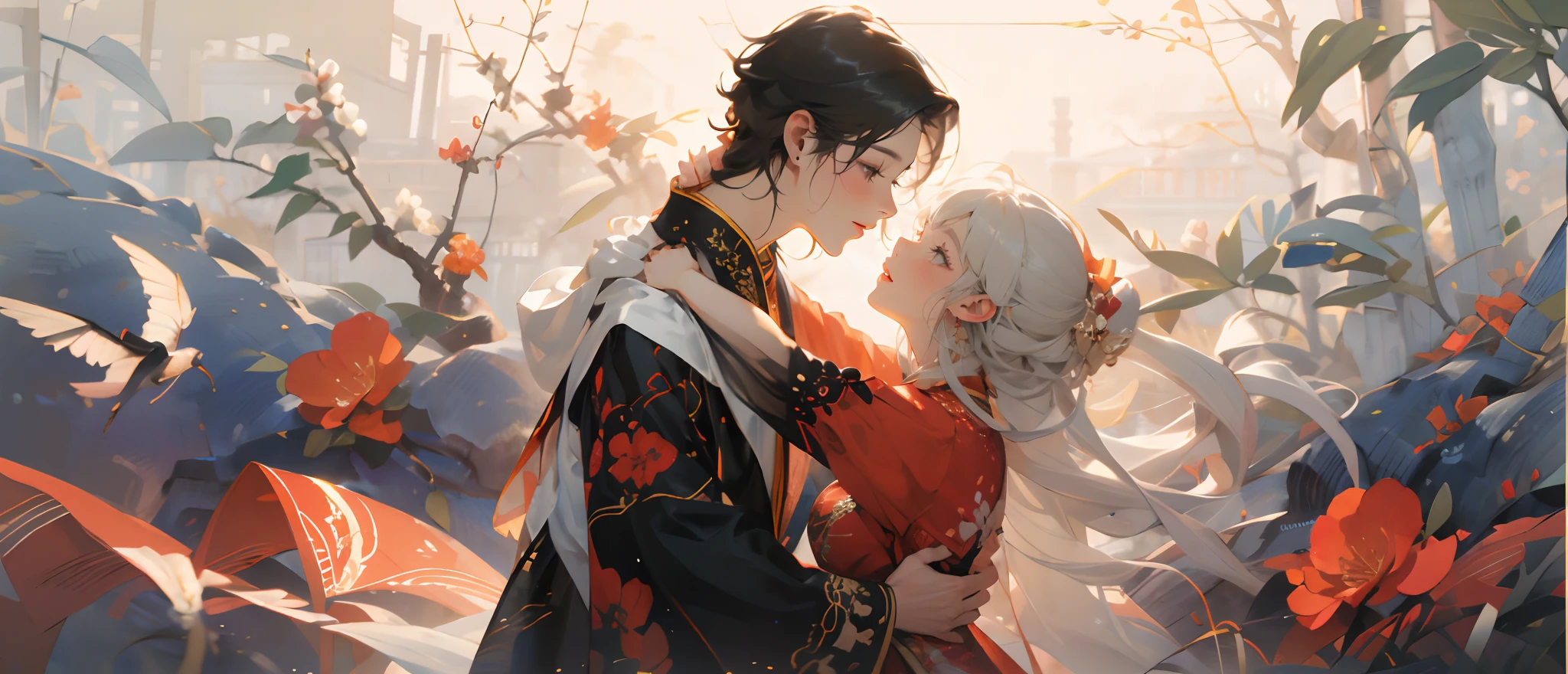 Anime couple in a garden with flowers and umbrellas - SeaArt AI