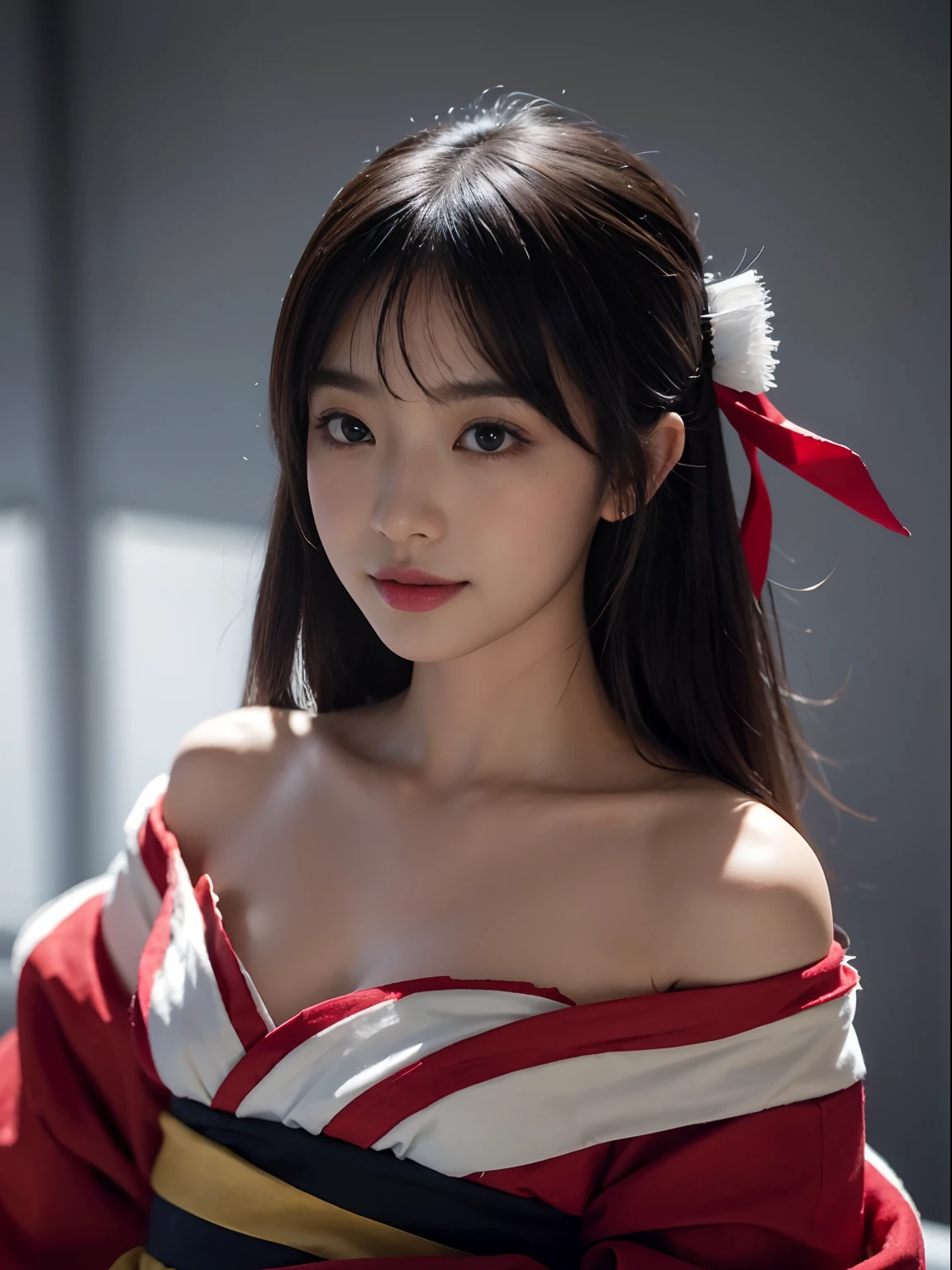 Unbeatable masterpiece, Ultra photo realsisim, Perfect artwork, Intricate details, Best quality, Strong light,High contrast, Masterpiece , Best quality , offcial art ,Extremely detailed Cg Unity 8K wallpaper ,1girll , Solo , Realistic , Makeup , A high resolution , full bodyesbian , view the viewer , Smile, bangs , Bare shoulders , Black hair ,crossed bangs , hair between eye , hair adornments ,Hair ribbon , Japanese style costume , komono , Long hair ,Mask , masks on head , cropped shoulders , partedlips , Red eyes , red kimono , Red ribbon ,ribbon , sash , sky , Solo , striped ribbon ,taihou \(Rainel Blue) , double tails , Very hairy , Wide sleeves , (Shiny skin) ,