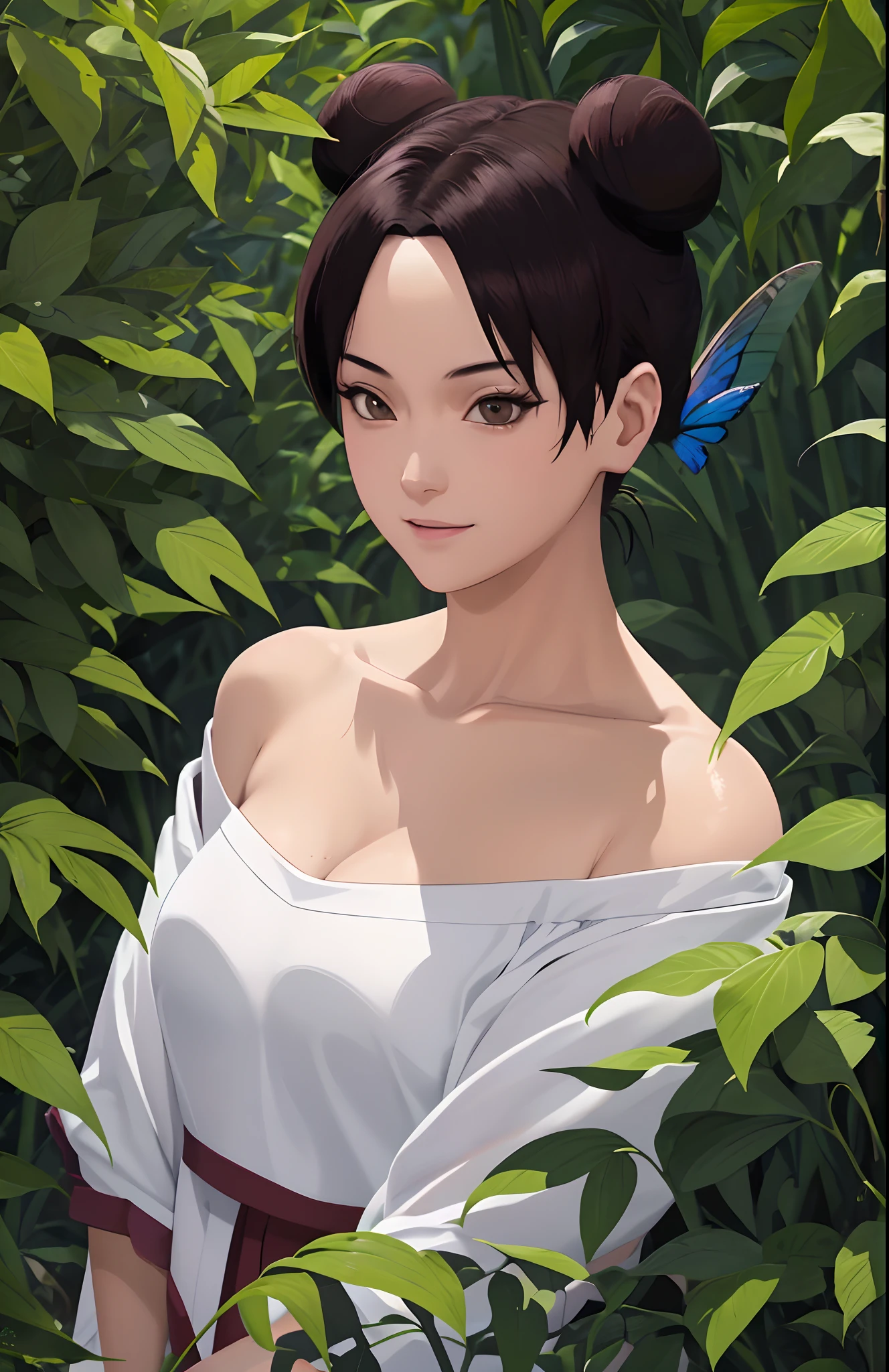 tmasterpiece, best quality, 1girl, butterflys, the night, The upper part of the body,cleavage,White clothes,bamboo forrest,ninjartist,Off-the-shoulder attire,looks into camera,Be red in the face,ssmile,largeeyes,Close-up