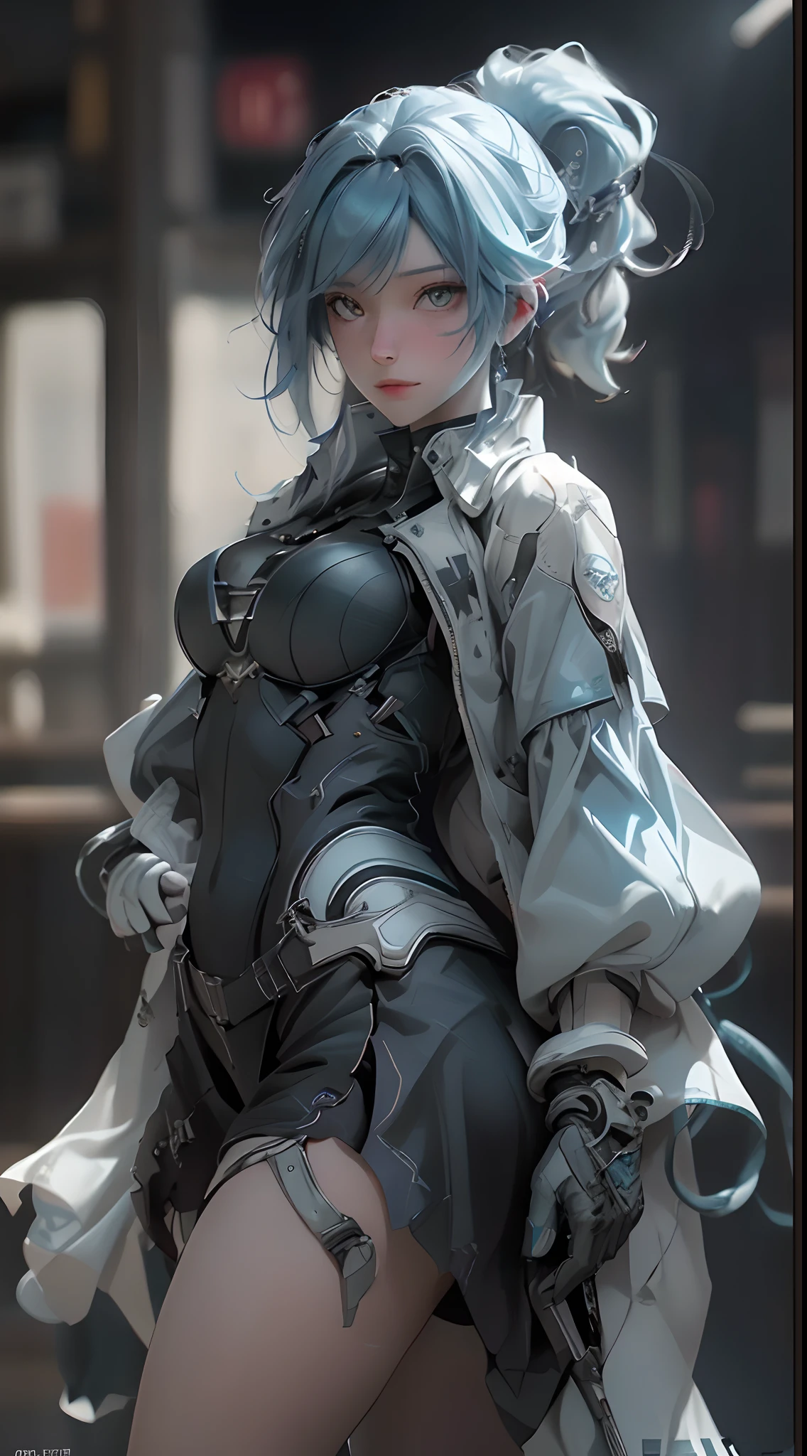 unreal engine:1.4,UHD, ultra realistic 16k cg,Best quality:1.4, photorealistic:1.4, skin texture:1.4,((Best Quality)), ((Masterpiece)), (Detail: 1.4), 3D,posing from behind A Beautiful Cyberpunk Female Figure, Blue Hair, Mercenary Armor, Cat Ears, HDR (High Dynamic Range), Ray Tracing, NVIDIA RTX, Super-Resolution, Unreal 5, Subsurface Scattering, PBR Texture, Post-Processing, Anisotropic Filtering, Depth of Field, Maximum Sharpness and Sharpness, Multi-layer Texture, Albedo and Highlight Map, Surface shading, Accurate simulation of light-material interactions, Perfect Proportions, Octane Render, Dichroic Light, Large Aperture, Low ISO, White Balance, Rule of Thirds, 8K RAW,