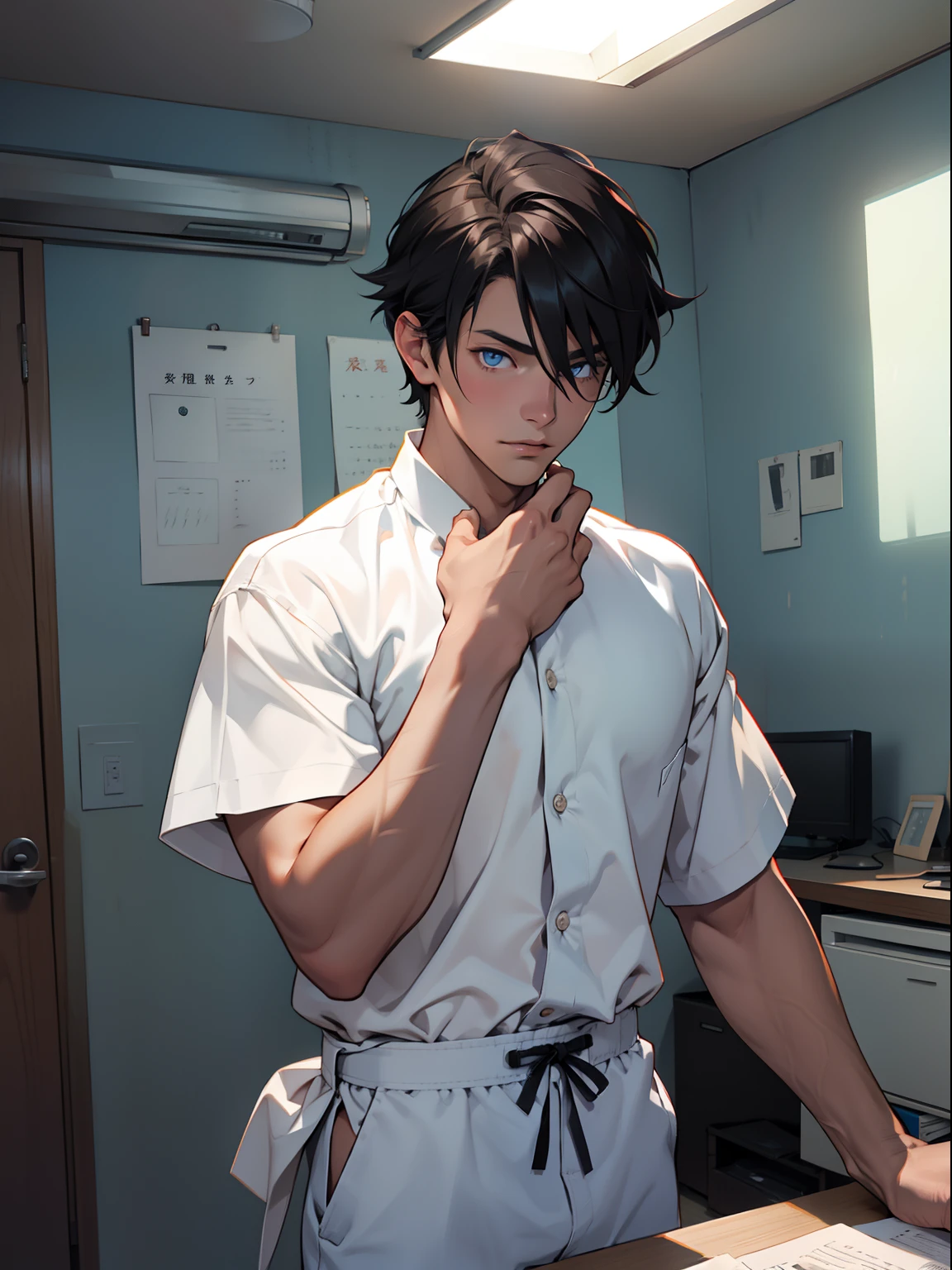 Libido boy,short detailed hair,Handsome,Clear eyes,校服,sitted,In the daytime,inside in room