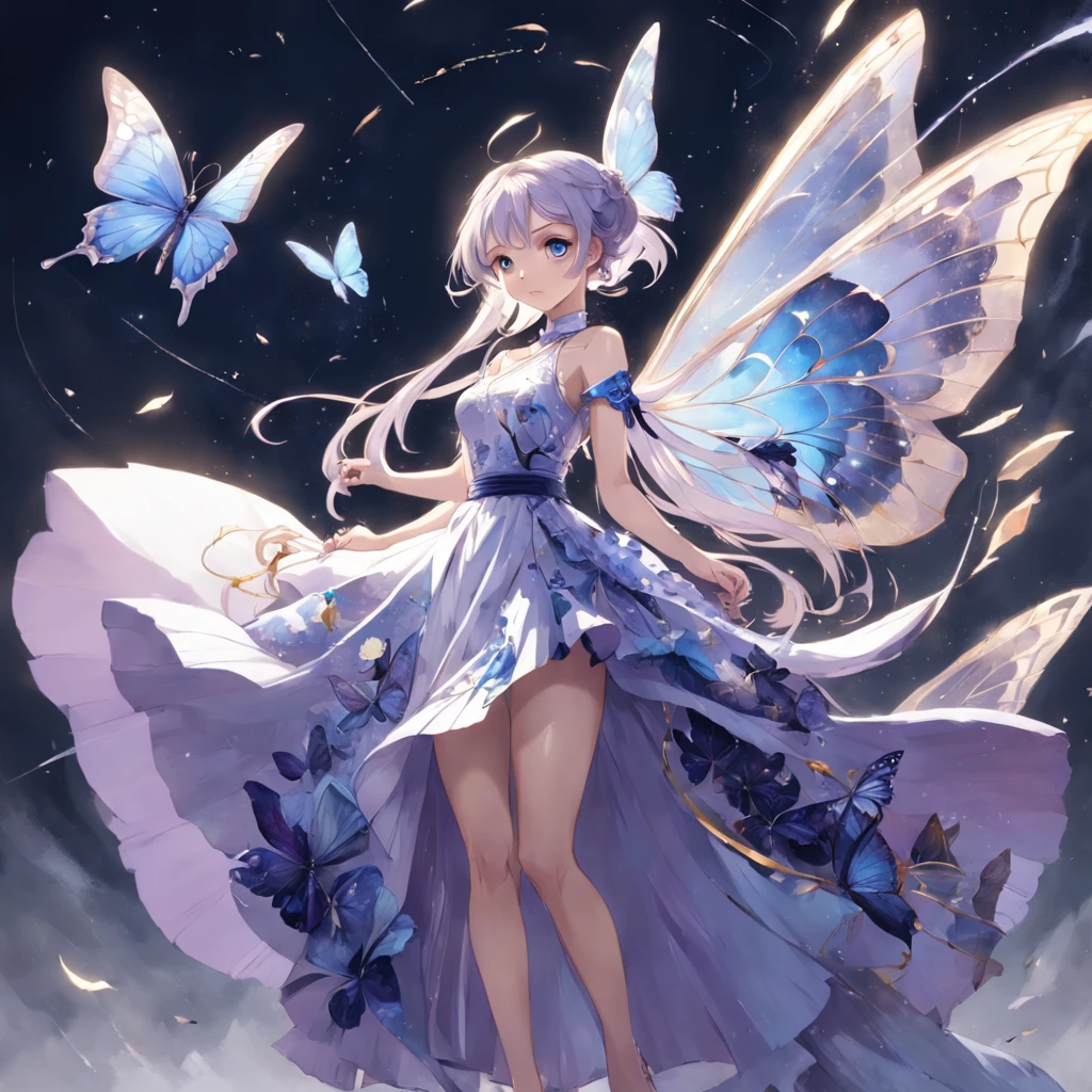 (Golden Ratio: 1.2), (Rose Graffiti: 1.2), (Fault Color: 1.3), [（white backgrounid：1.5）：：5], (Full Body: 1.2), ((Masterpiece, Highest quality)), Detailed face, Full of details, full body, a woman in a long blue and white dress mixed with purple color, Full of details, pretty eyes, butterfly theme, Skirts of various materials, Different fabrics, long dress, detailed full body concept art, outfit design, wearing fantasy formal clothing, holding an umberella, long hair, butterfly dress, ice element