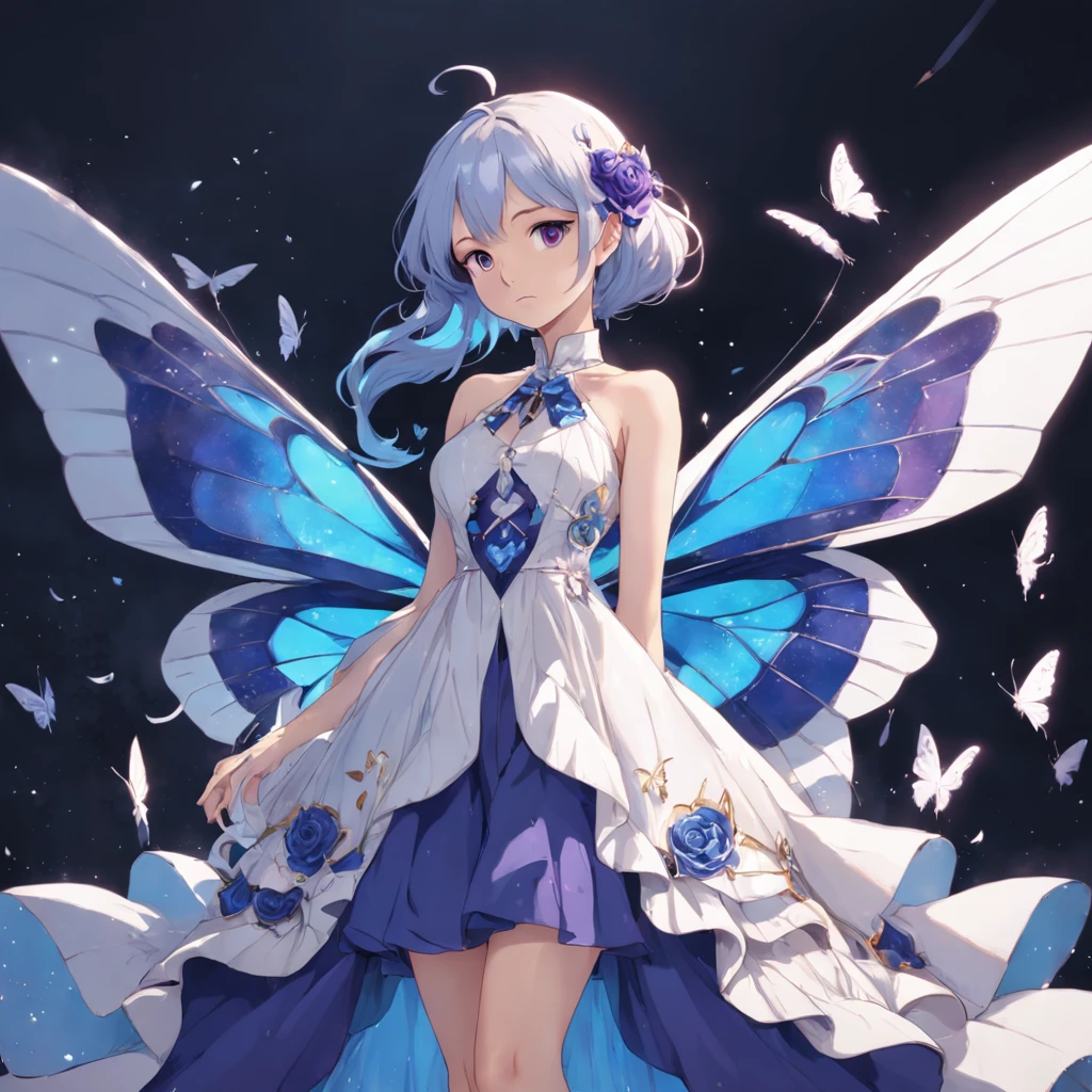 (Golden Ratio: 1.2), (Rose Graffiti: 1.2), (Fault Color: 1.3), [（white backgrounid：1.5）：：5], (Full Body: 1.2), ((Masterpiece, Highest quality)), Detailed face, Full of details, full body, a woman in a long blue and white dress mixed with purple color, Full of details, pretty eyes, butterfly theme, Skirts of various materials, Different fabrics, long dress, detailed full body concept art, outfit design, wearing fantasy formal clothing, holding an umberella, long hair, butterfly dress, ice element
