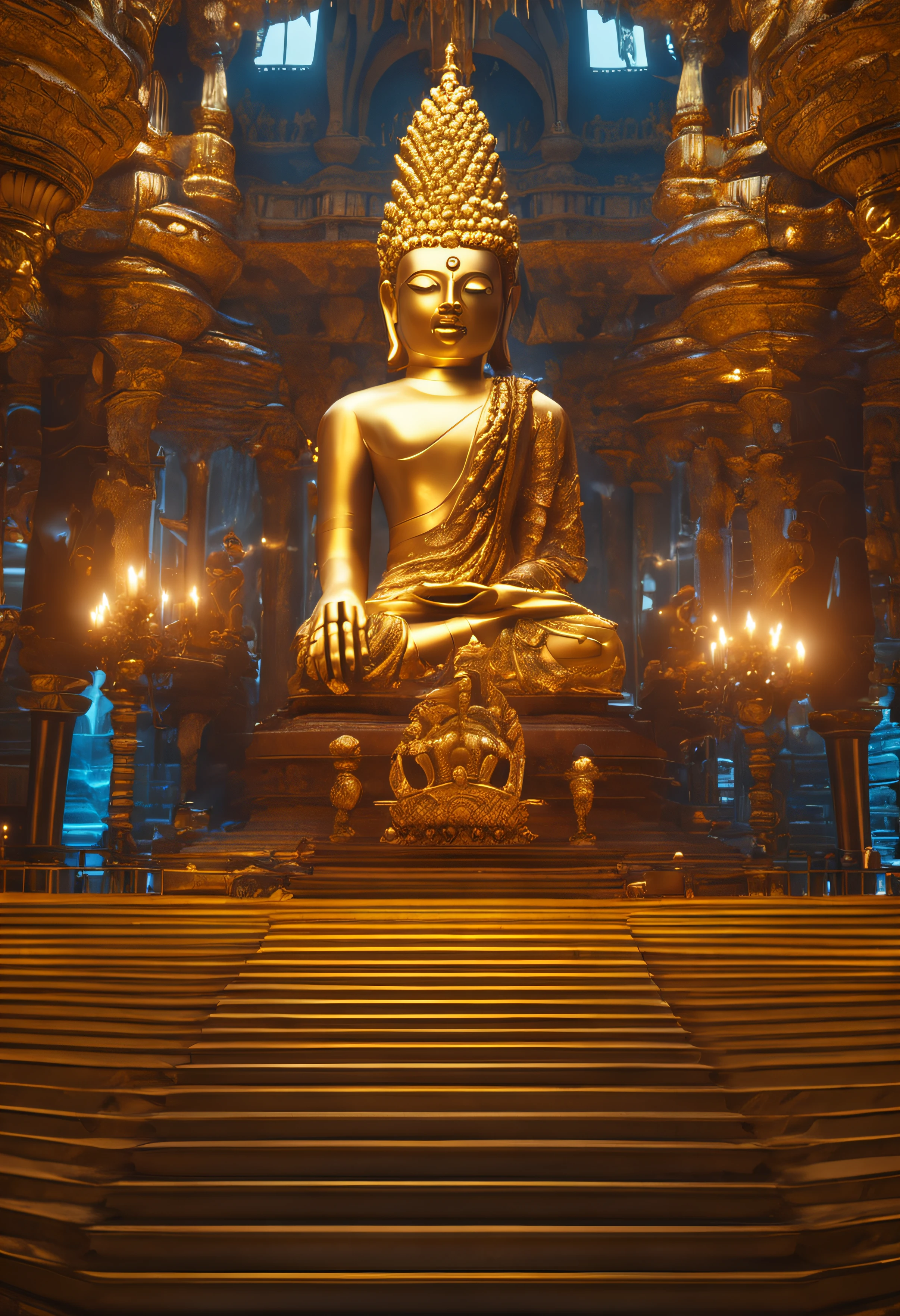 templo iluminado por velas , place of meditation with golden objects (obra-prima) (8k high resolution) (melhor qualidade) (Ultra Definition) (Ultra realista)(Foto RAW) (Foto realista) (bright illumination)