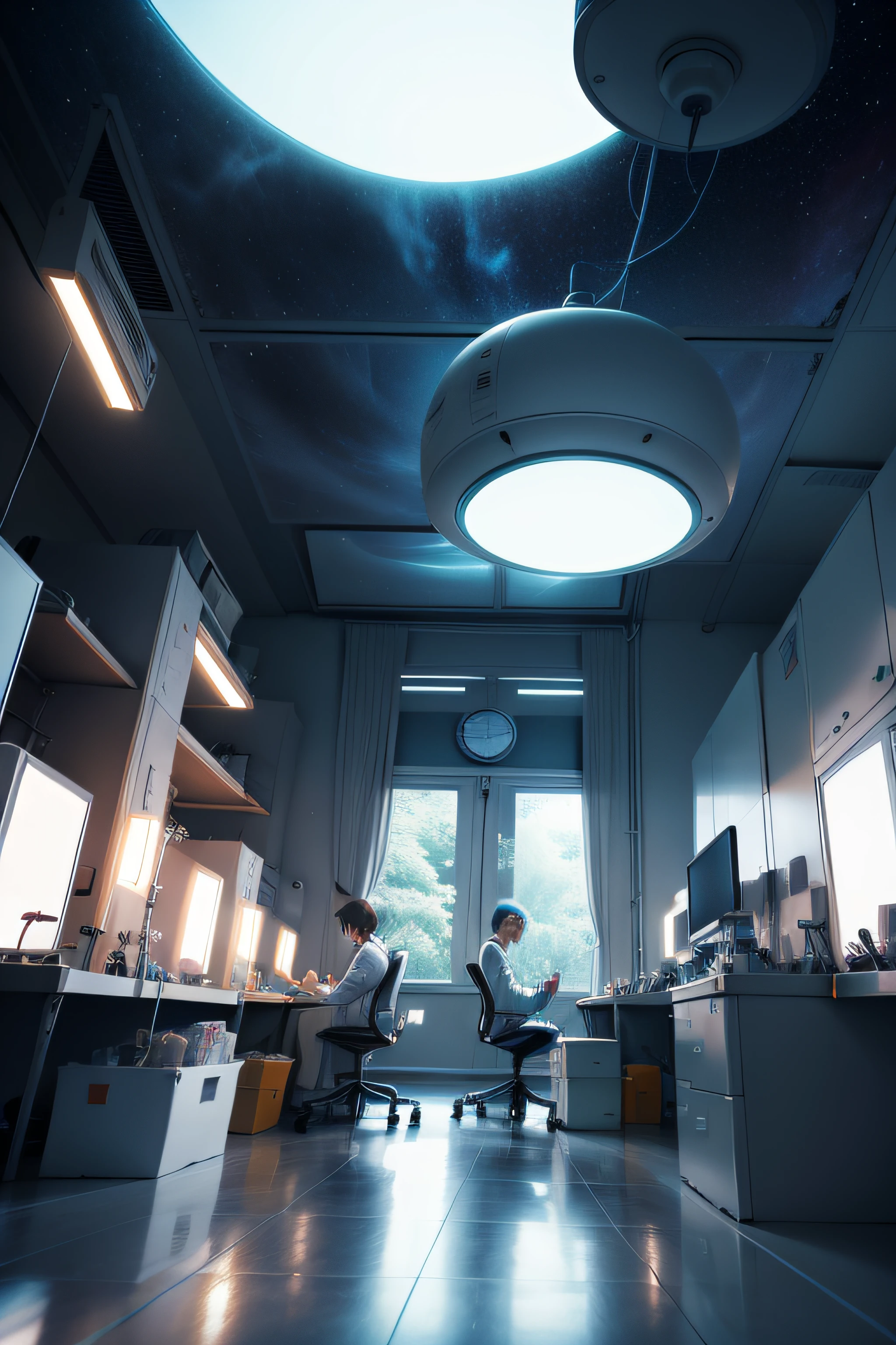Scientists working in the laboratory on Tanabata Day,Bright room,Realisticstyle